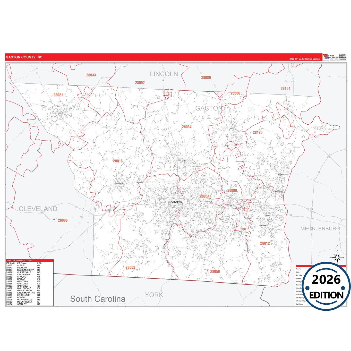 Gaston County, NC Red Line 5 Digit ZIP Code Wall Map
