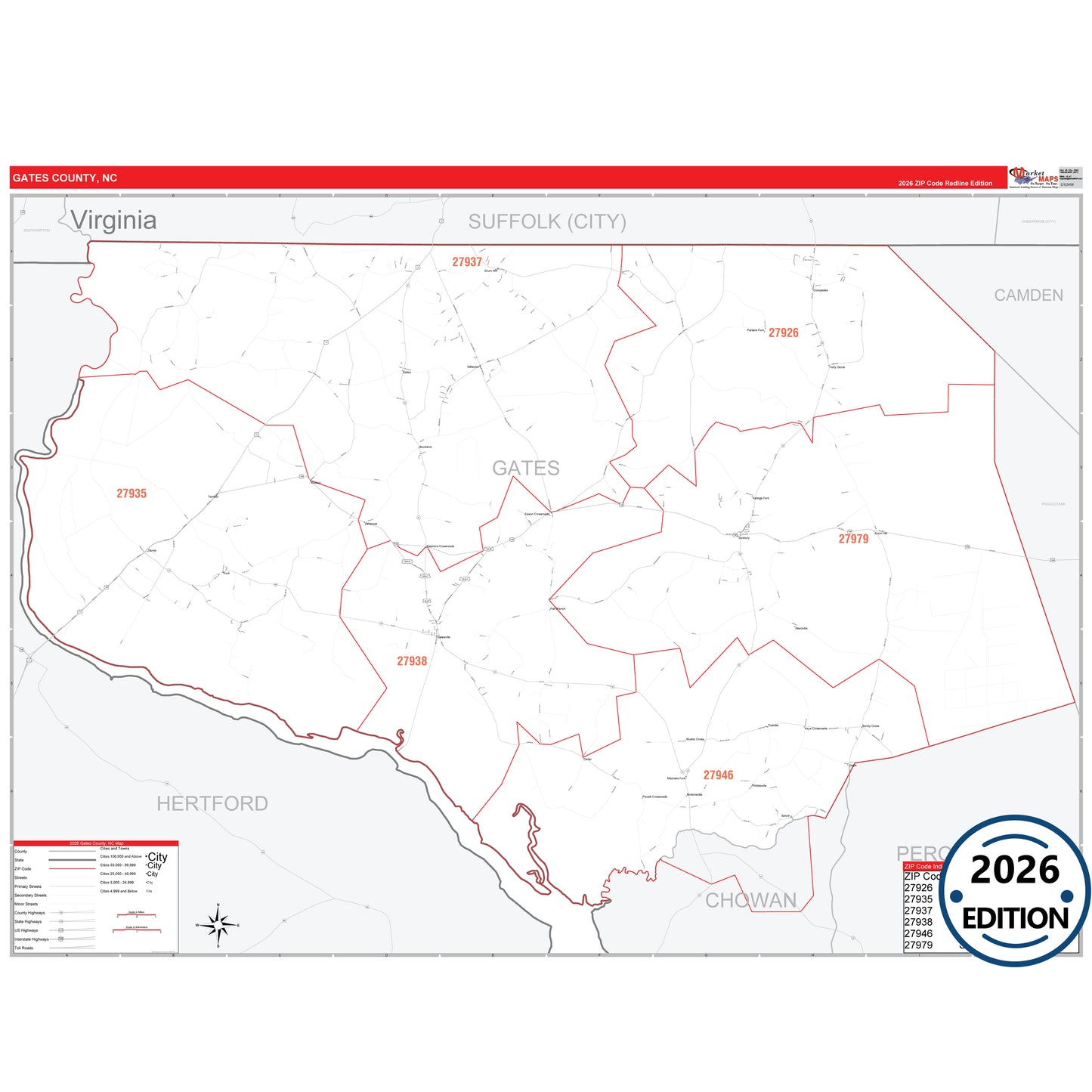 Gates County, NC Red Line 5 Digit ZIP Code Wall Map