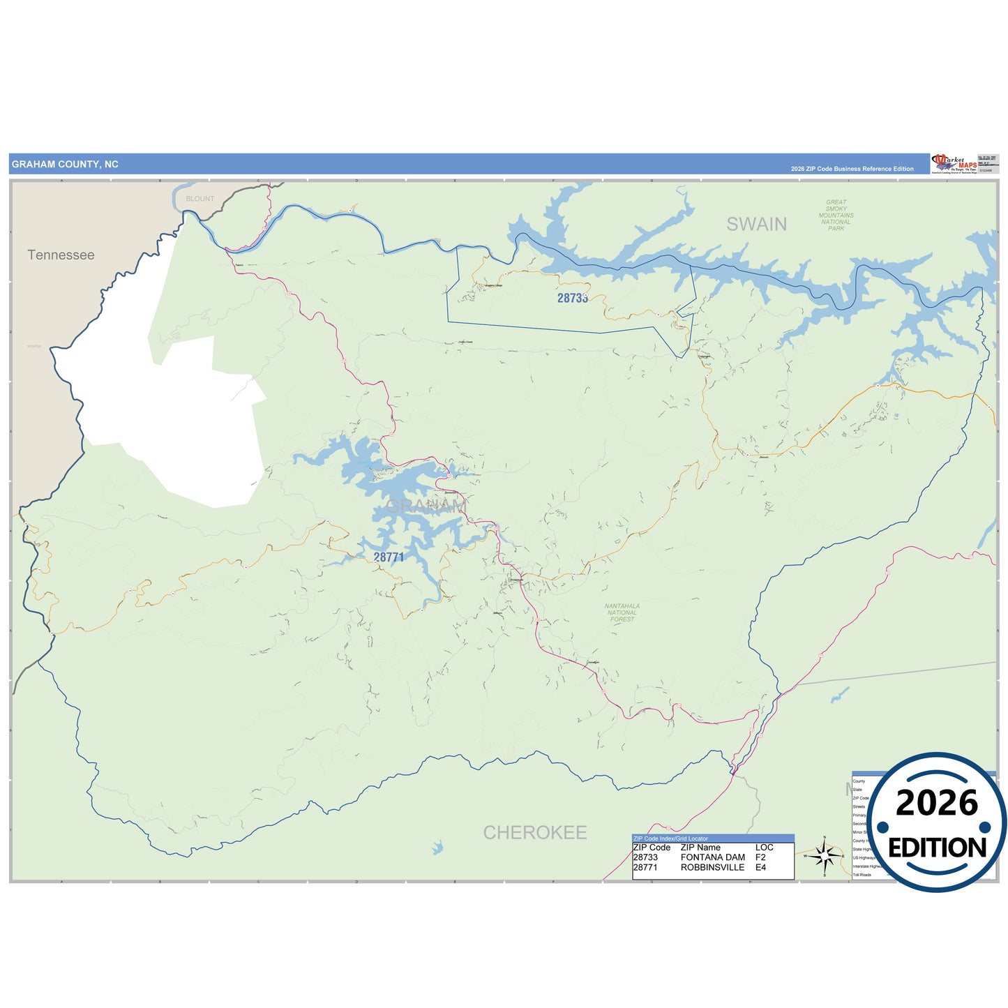 Graham County, NC Business Reference 5 Digit ZIP Code Wall Map