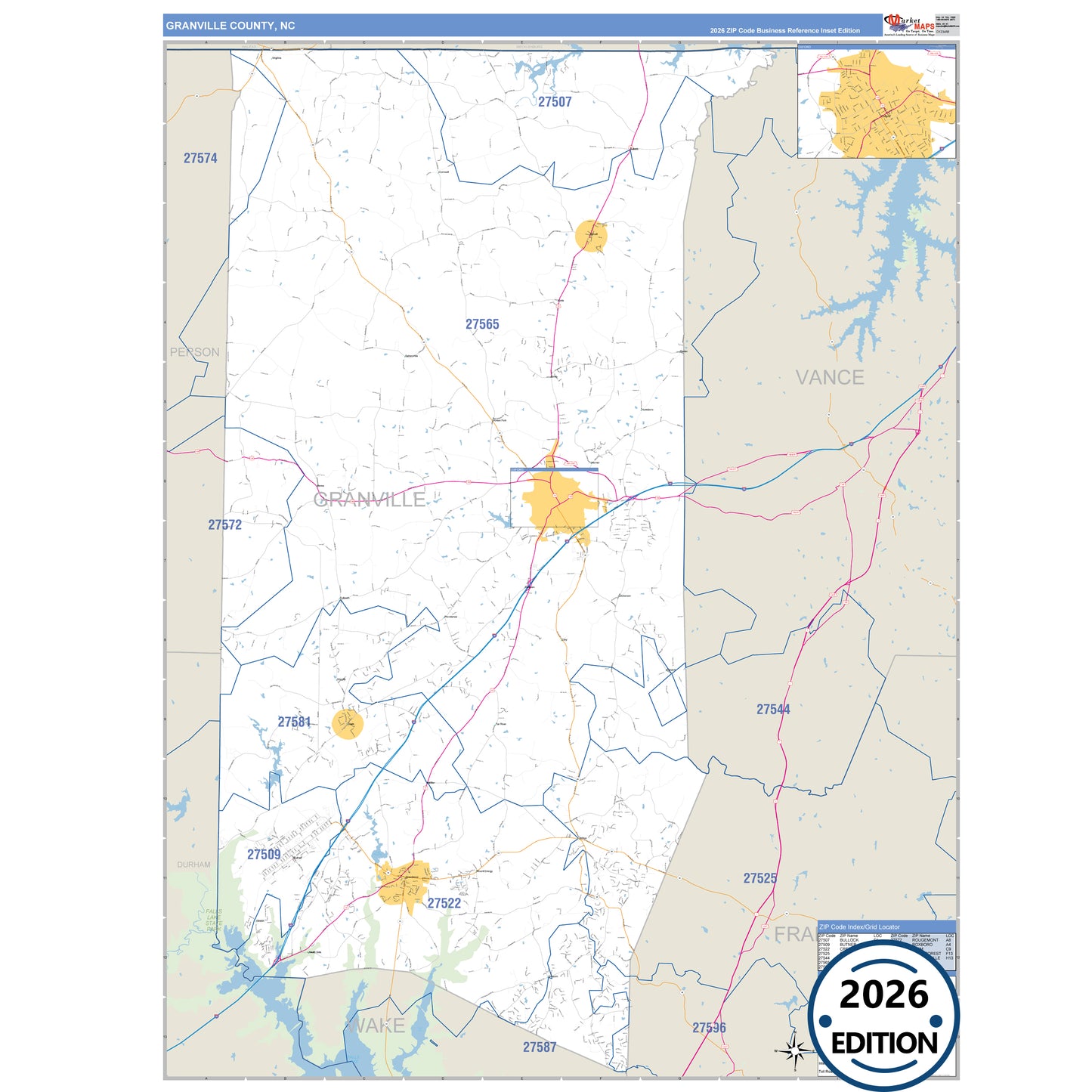 Granville County, NC Business Reference 5 Digit ZIP Code Wall Map
