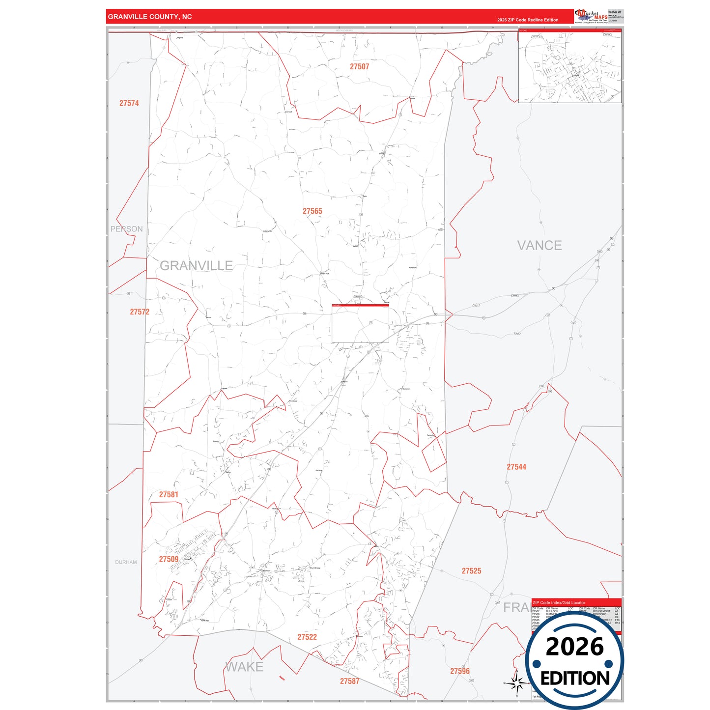 Granville County, NC Red Line 5 Digit ZIP Code Wall Map