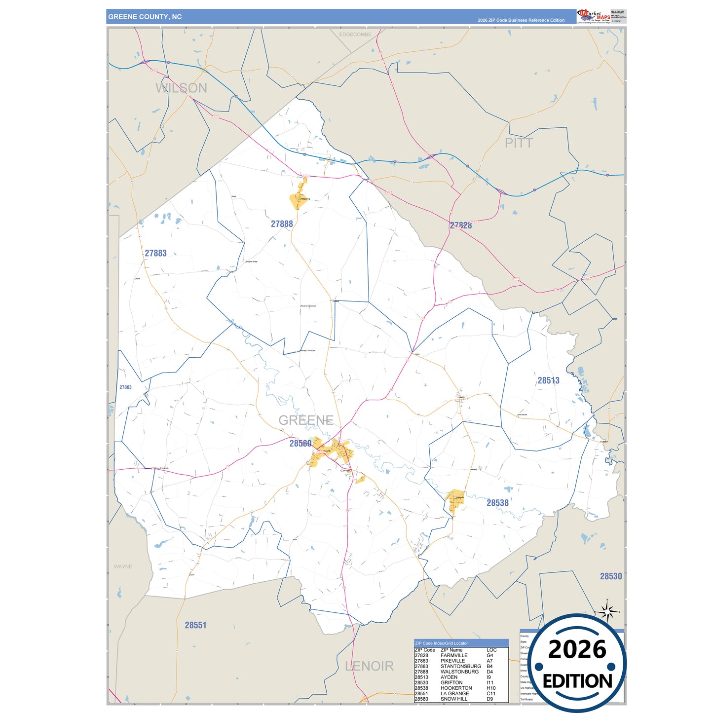 Greene County, NC Business Reference 5 Digit ZIP Code Wall Map