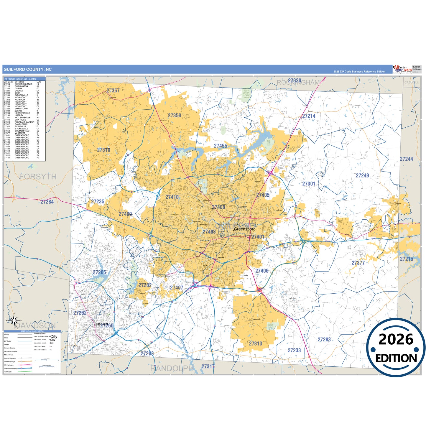 Guilford County, NC Business Reference 5 Digit ZIP Code Wall Map