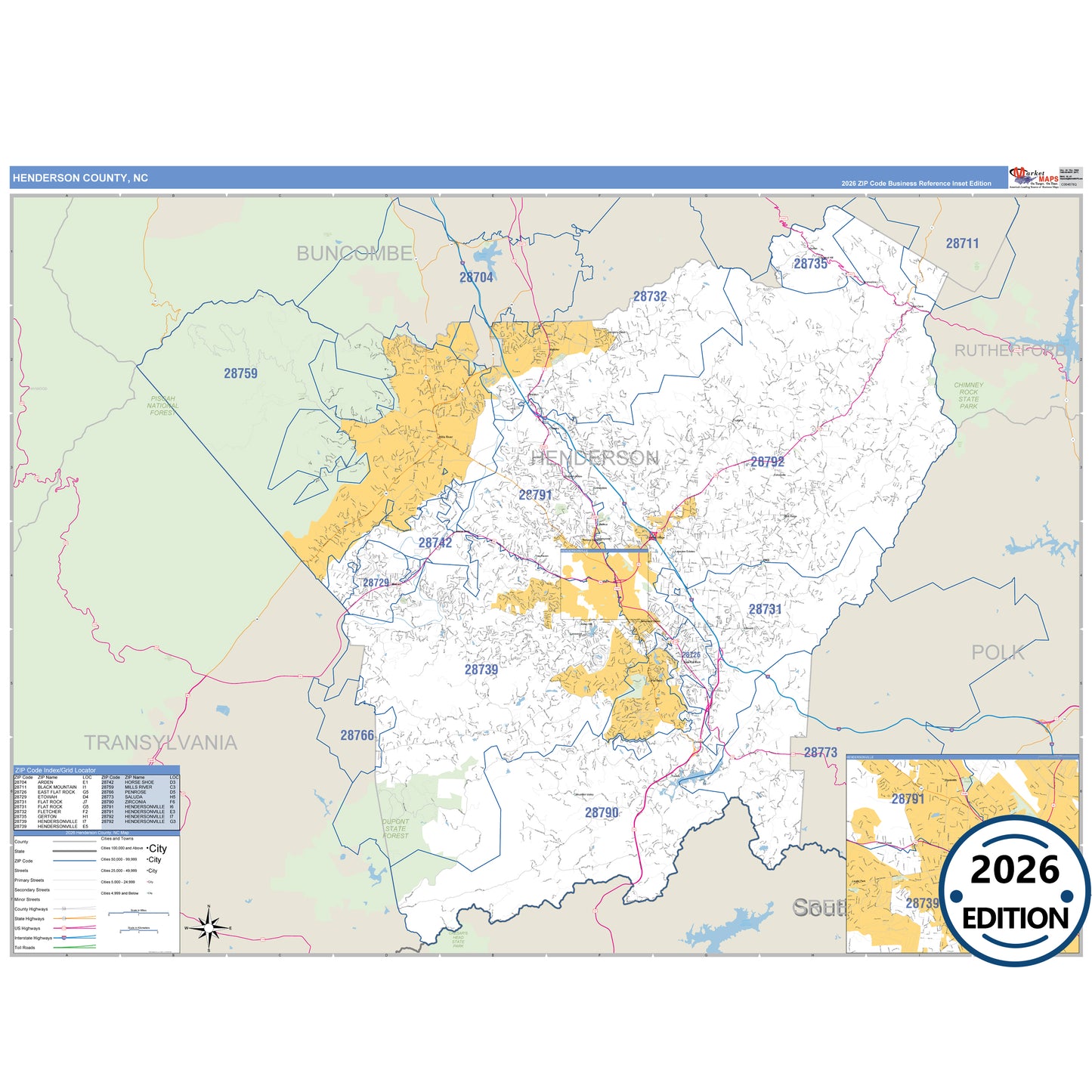 Henderson County, NC Business Reference map with detailed roads, cities, and ZIP code boundaries.