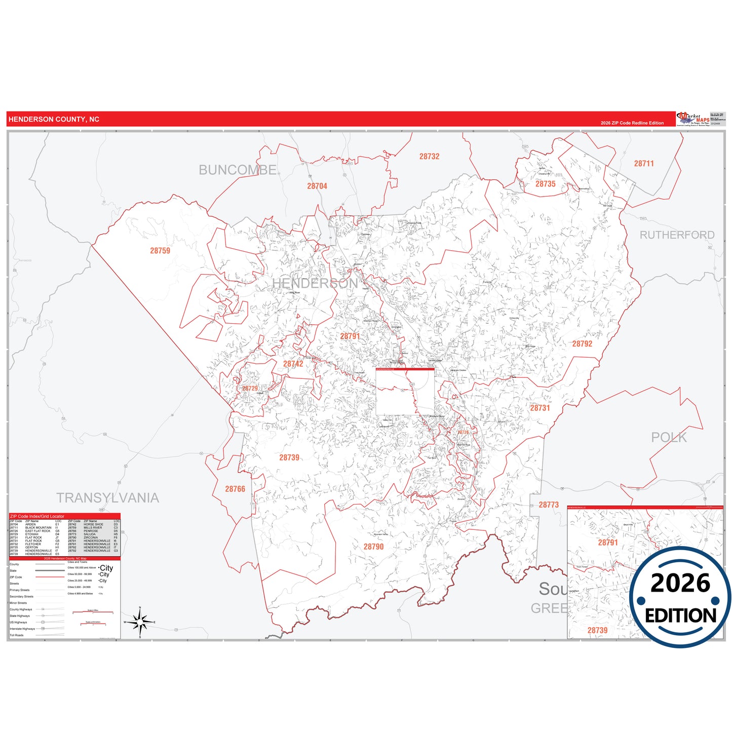 Henderson County, NC Red Line 5 Digit ZIP Code Wall Map