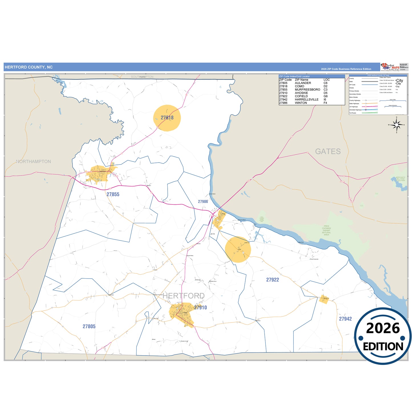 Hertford County, NC Business Reference 5 Digit ZIP Code Wall Map