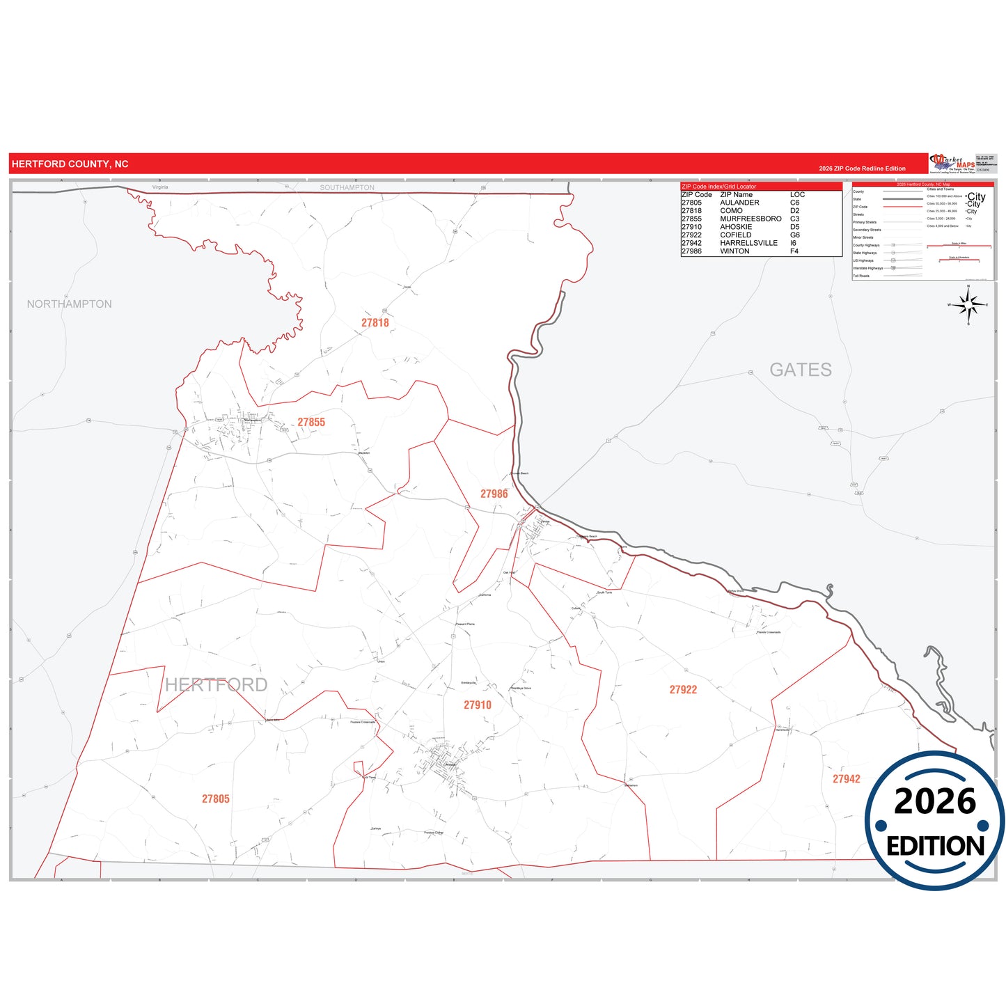 Hertford County, NC Red Line 5 Digit ZIP Code Wall Map