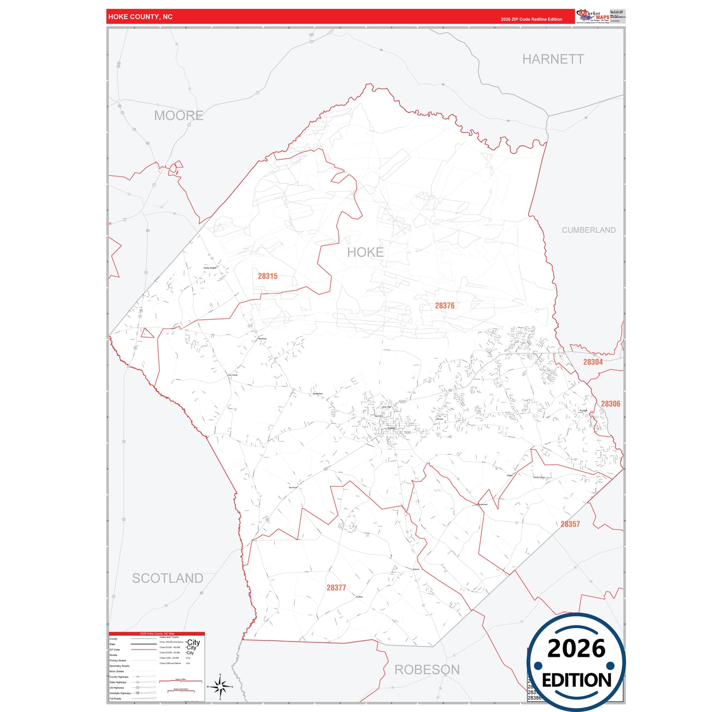 Hoke County, NC Red Line 5 Digit ZIP Code Wall Map