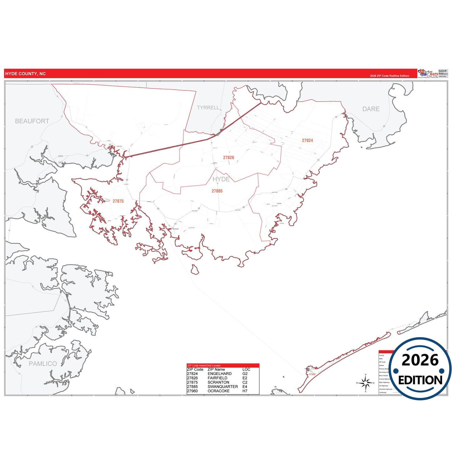 Hyde County, NC Red Line 5 Digit ZIP Code Wall Map