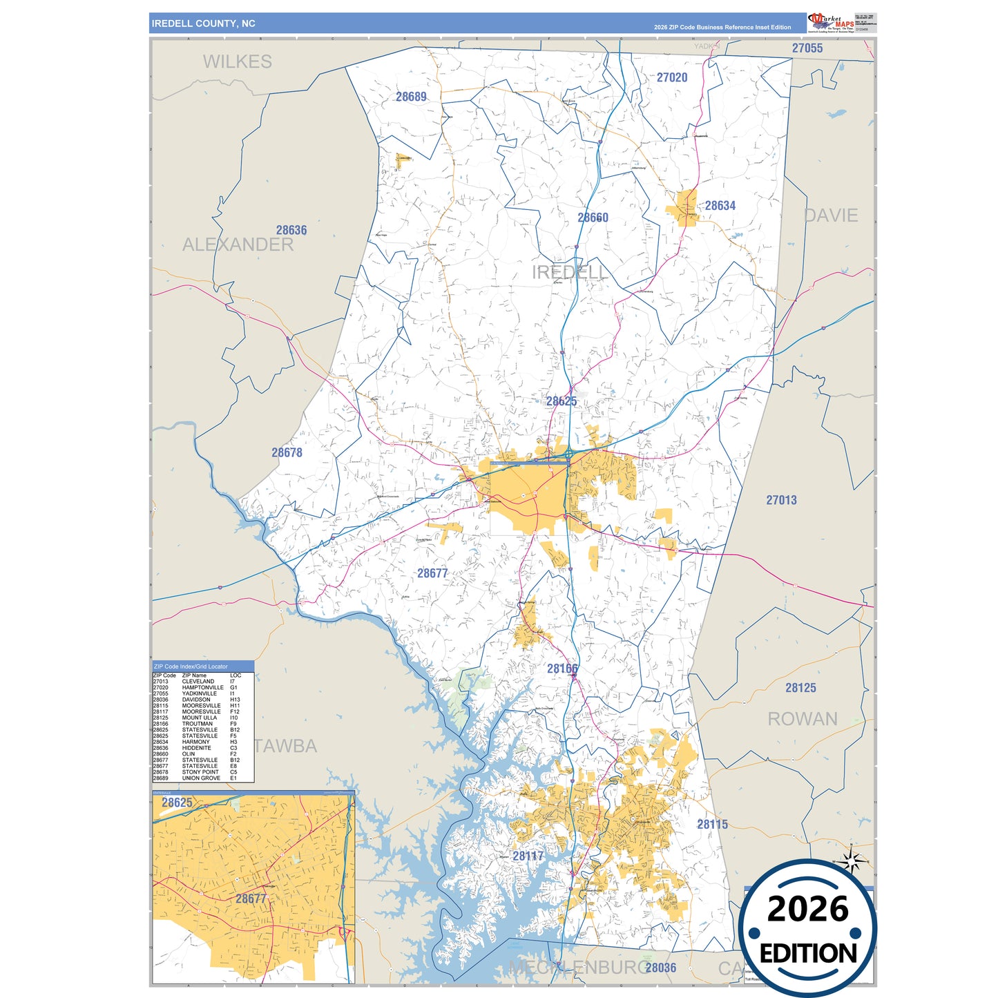Iredell County, NC Business Reference 5 Digit ZIP Code Wall Map