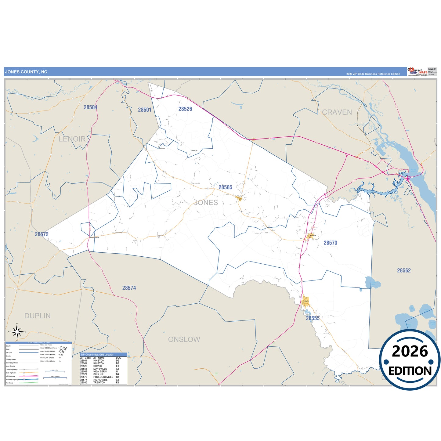 Jones County, NC Business Reference 5 Digit ZIP Code Wall Map
