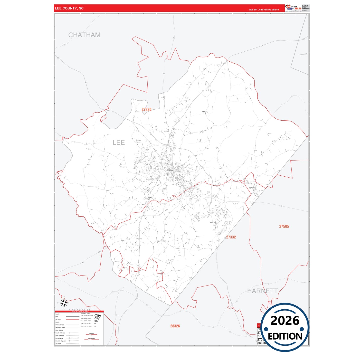 Lee County, NC Red Line 5 Digit ZIP Code Wall Map