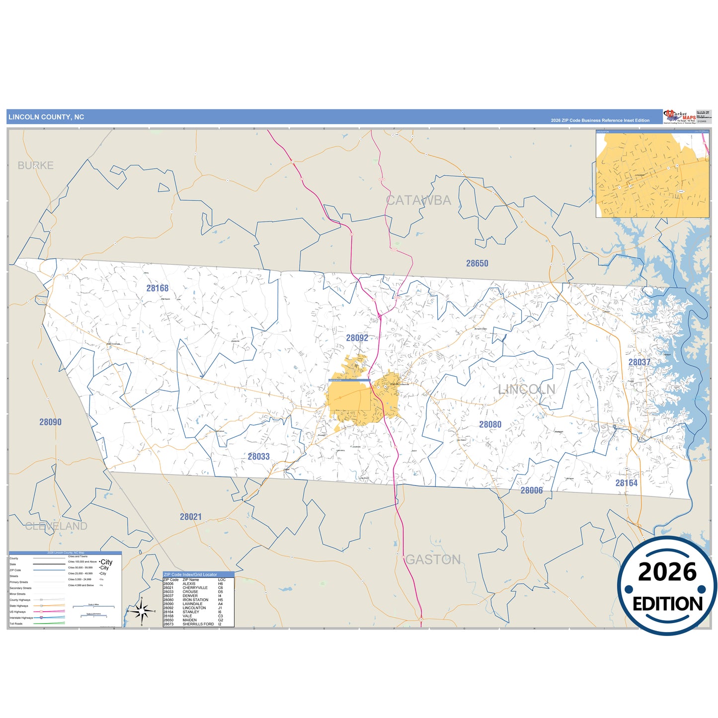 Lincoln County, NC Business Reference 5 Digit ZIP Code Wall Map