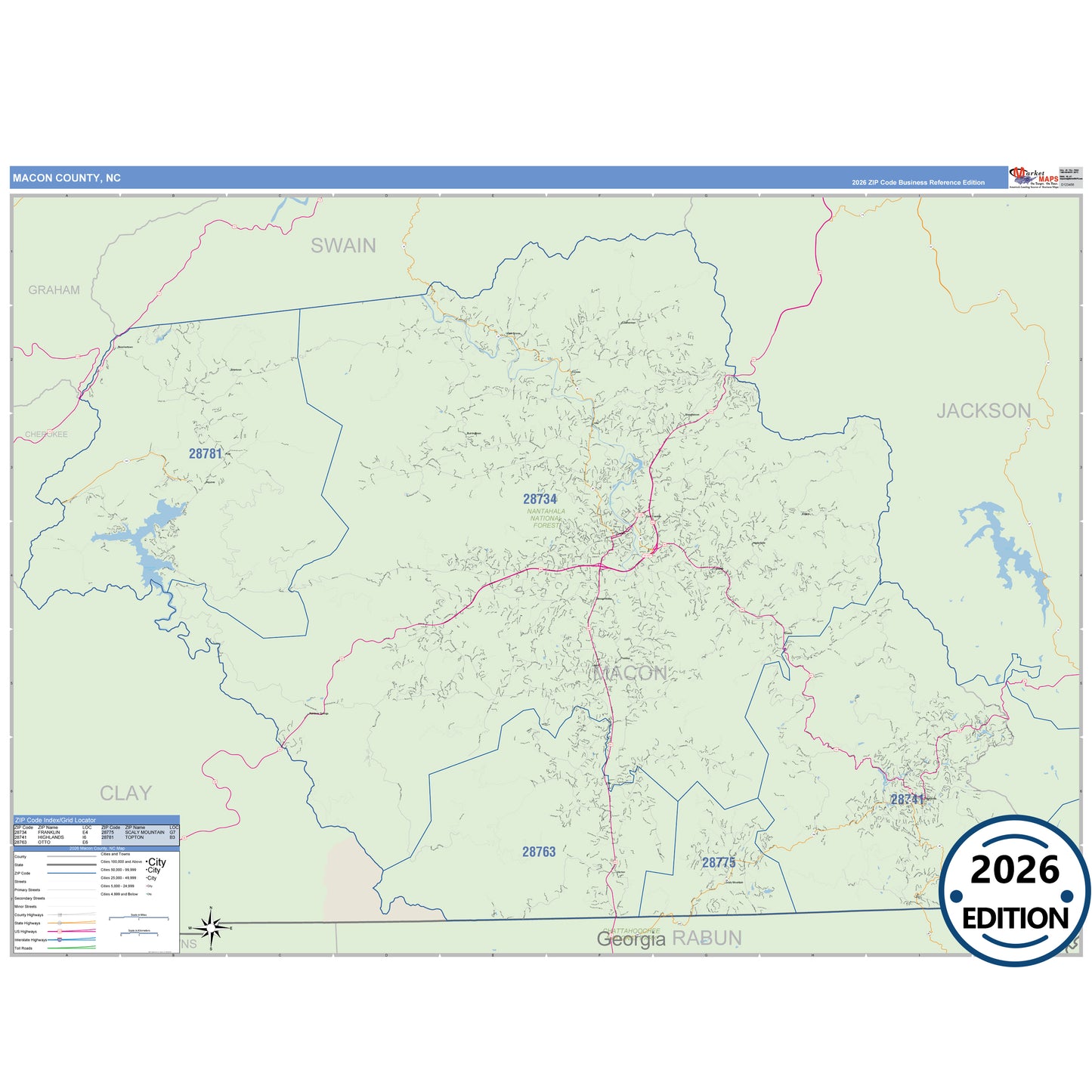 Macon County, NC Business Reference 5 Digit ZIP Code Wall Map