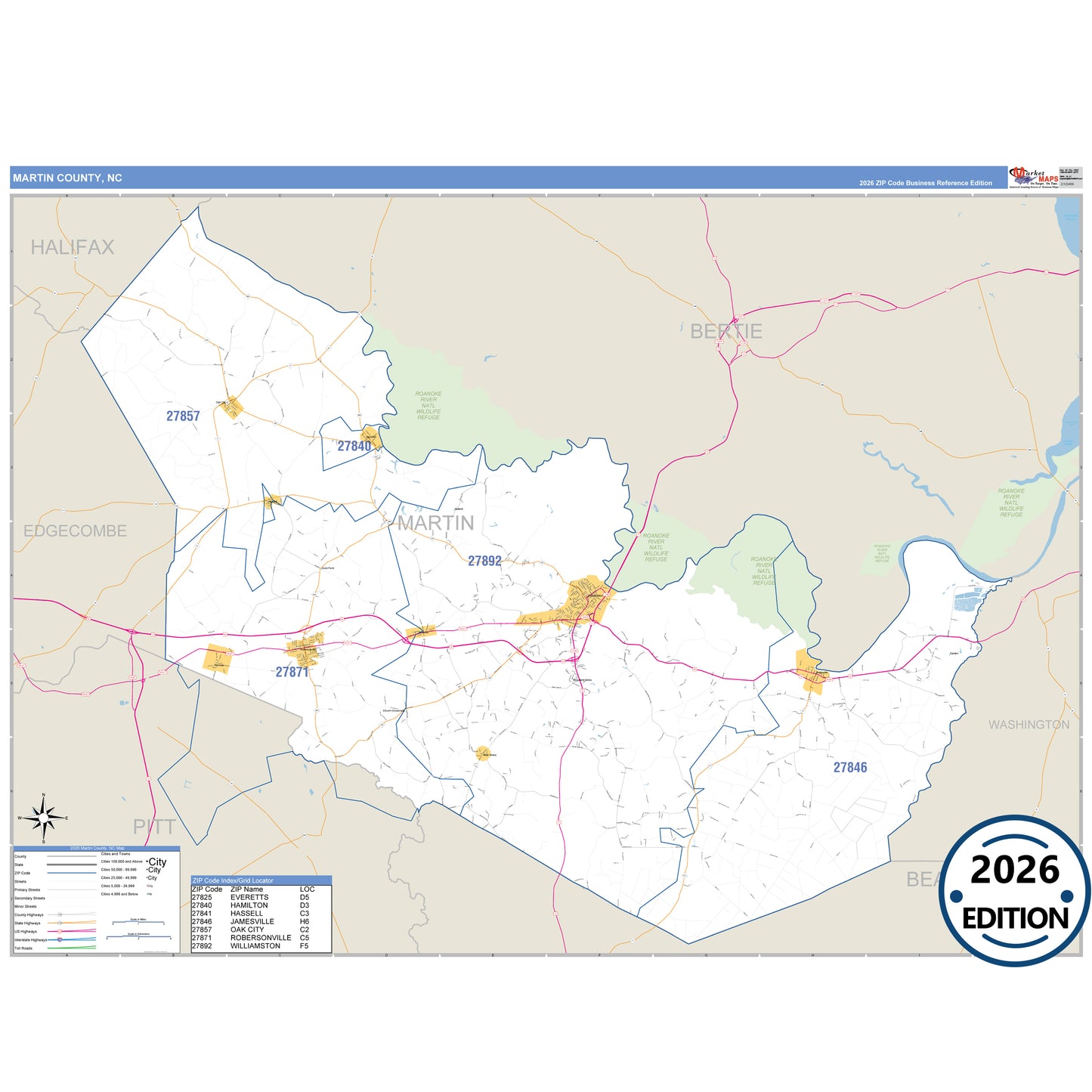 Martin County, NC Business Reference map with detailed roads, cities, and ZIP code boundaries.