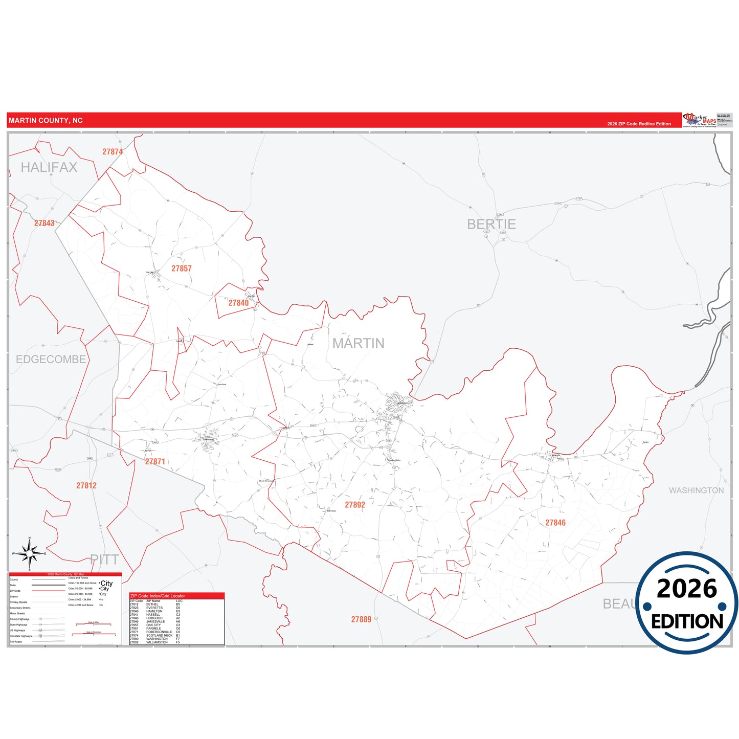 Martin County, NC Red Line 5 Digit ZIP Code Wall Map