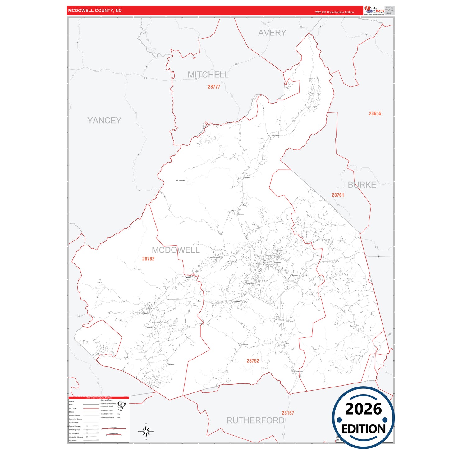McDowell County, NC Red Line 5 Digit ZIP Code Wall Map