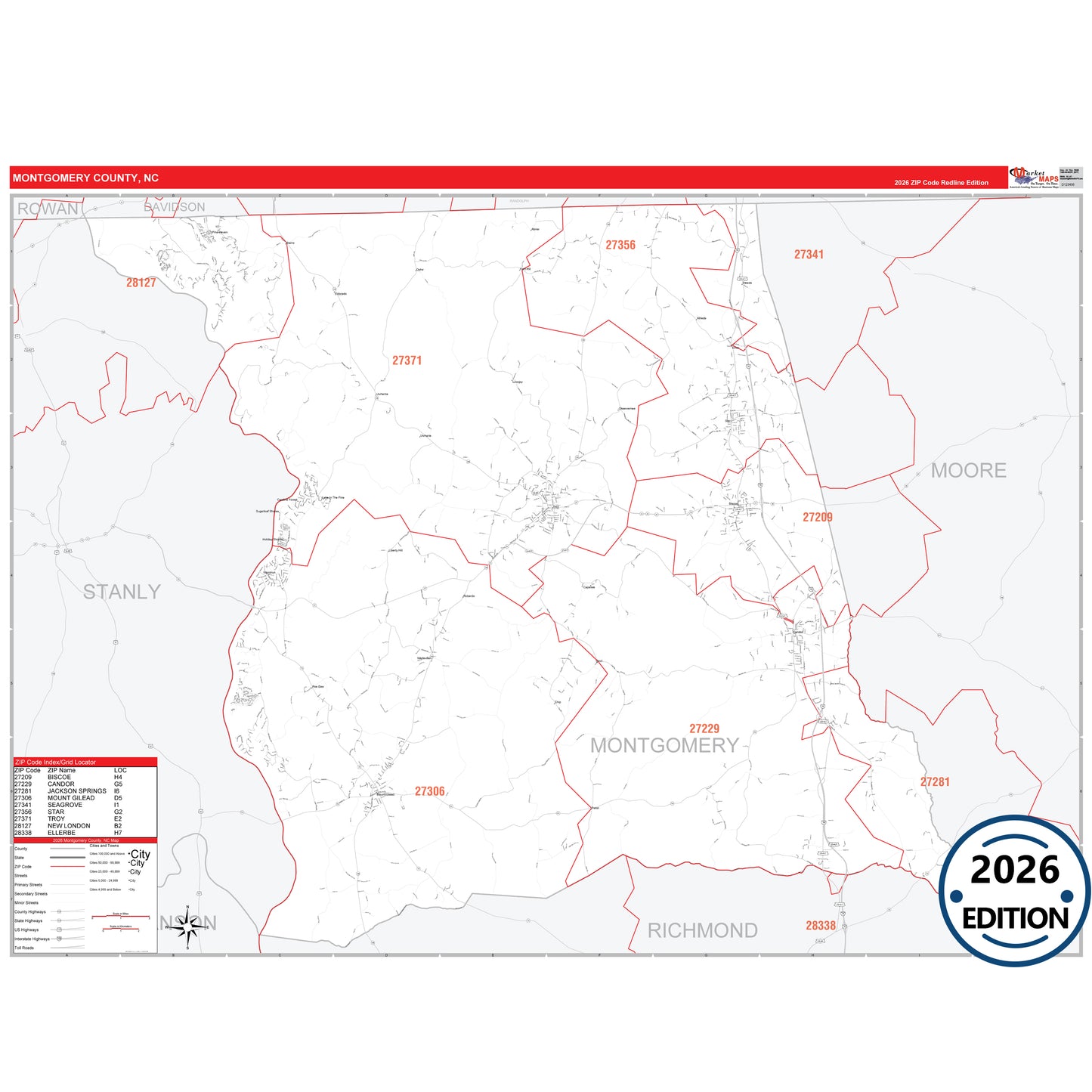 Montgomery County, NC Red Line 5 Digit ZIP Code Wall Map