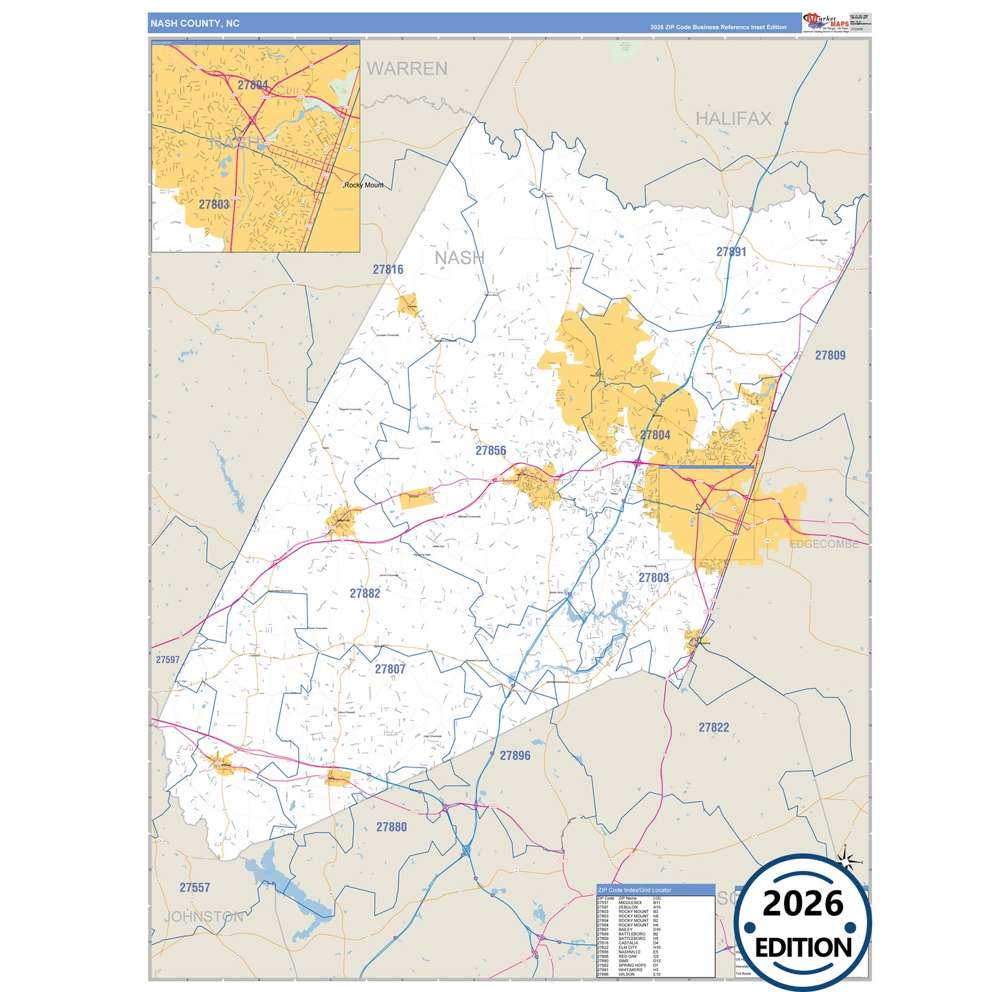 Nash County, NC Business Reference map with detailed roads, cities, and ZIP code boundaries.