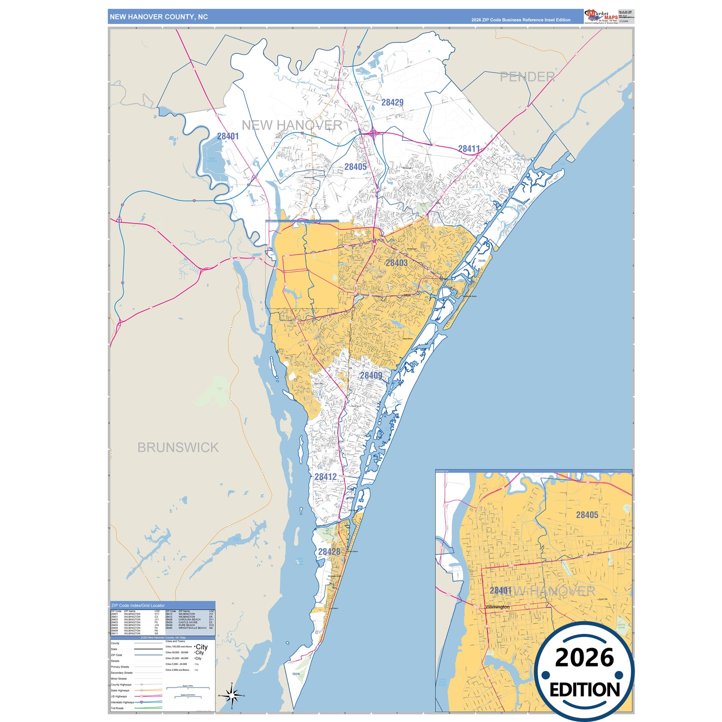 New Hanover County, NC Business Reference 5 Digit ZIP Code Wall Map