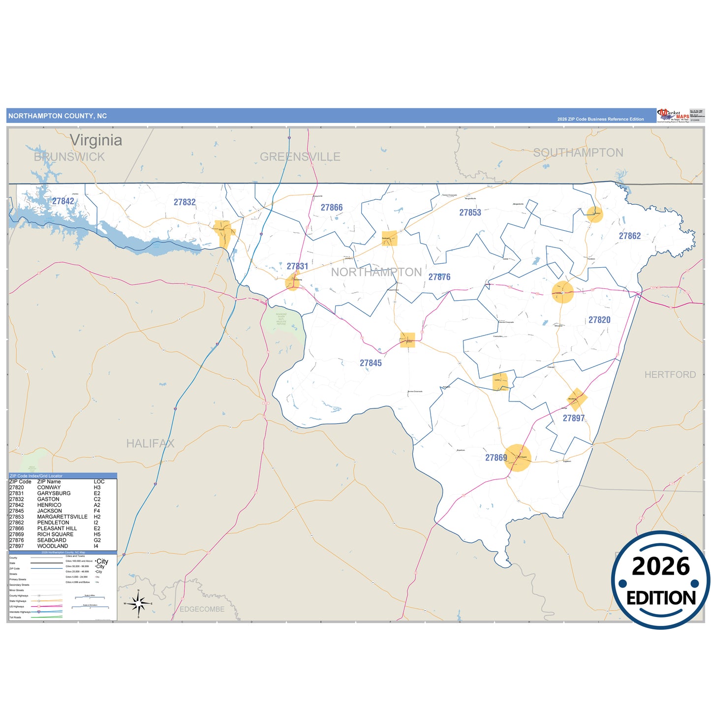 Northampton County, NC Business Reference 5 Digit ZIP Code Wall Map