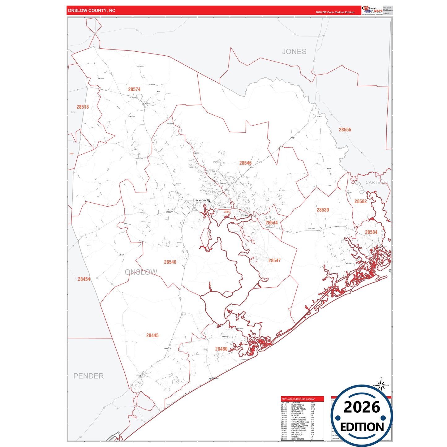 Onslow County, NC Red Line 5 Digit ZIP Code Wall Map