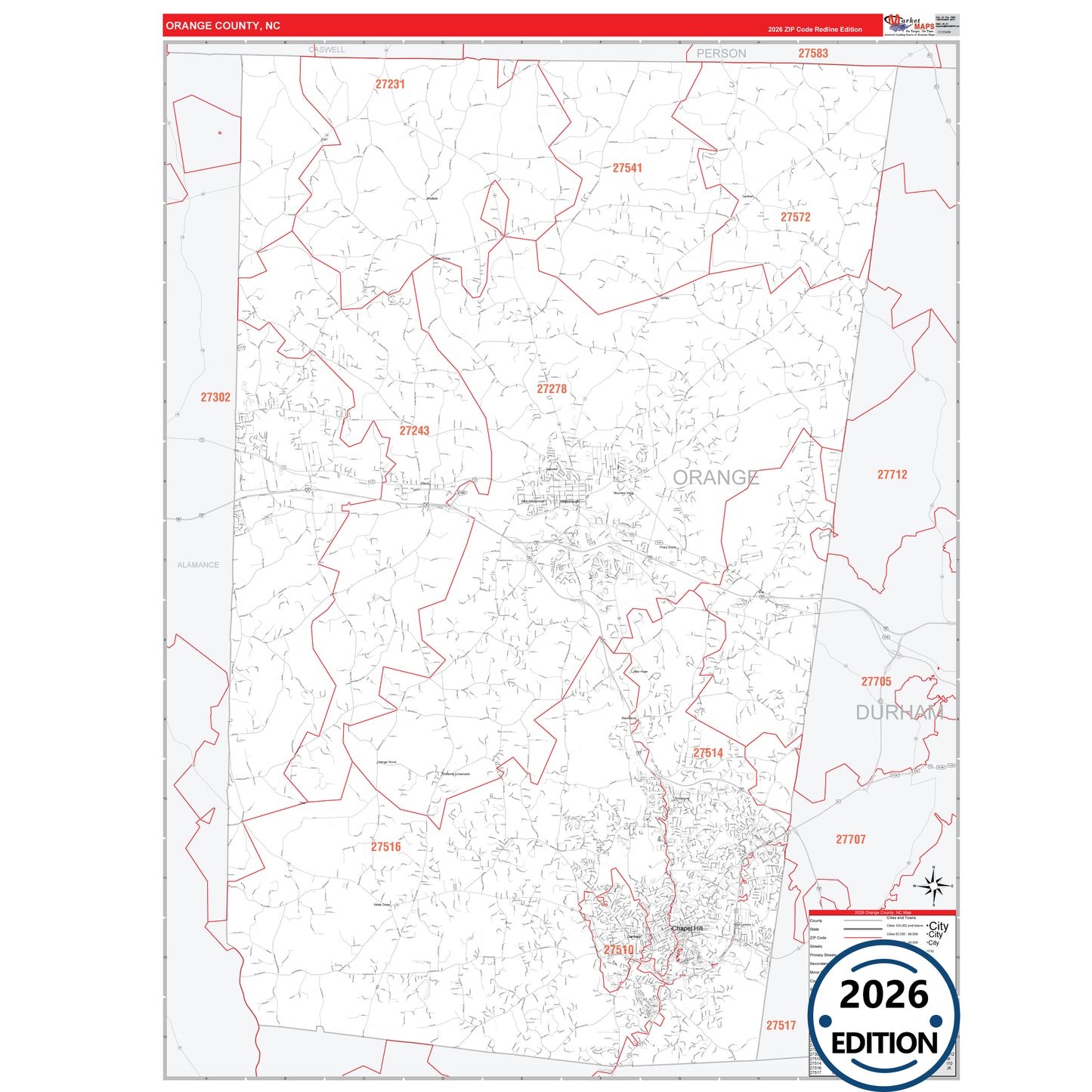 Orange County, NC Red Line 5 Digit ZIP Code Wall Map