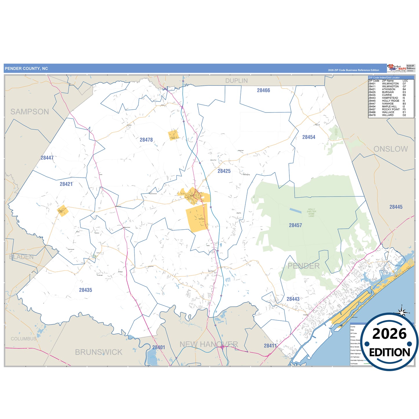 Pender County, NC Business Reference 5 Digit ZIP Code Wall Map