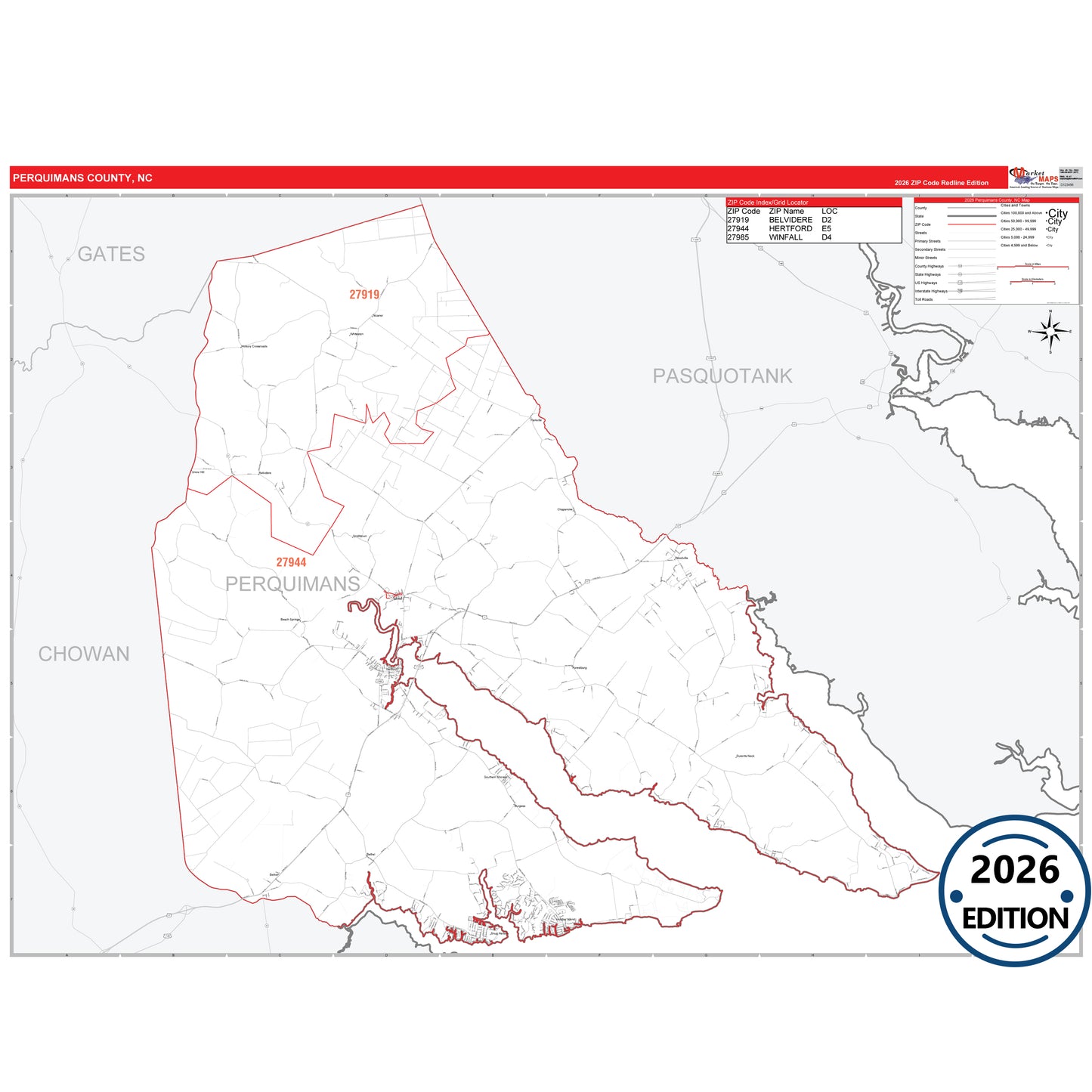 Perquimans County, NC Red Line 5 Digit ZIP Code Wall Map