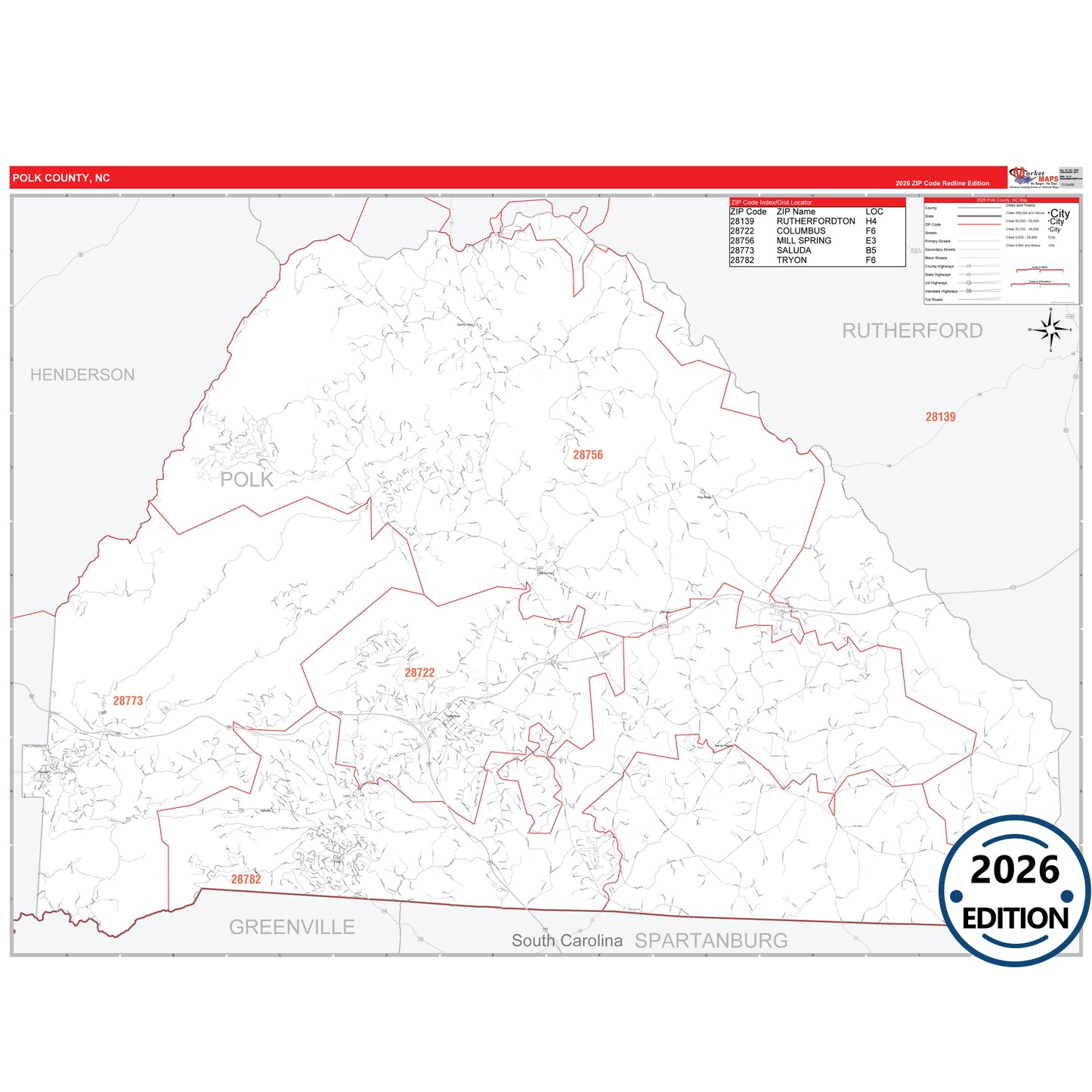 Polk County, NC Red Line 5 Digit ZIP Code Wall Map