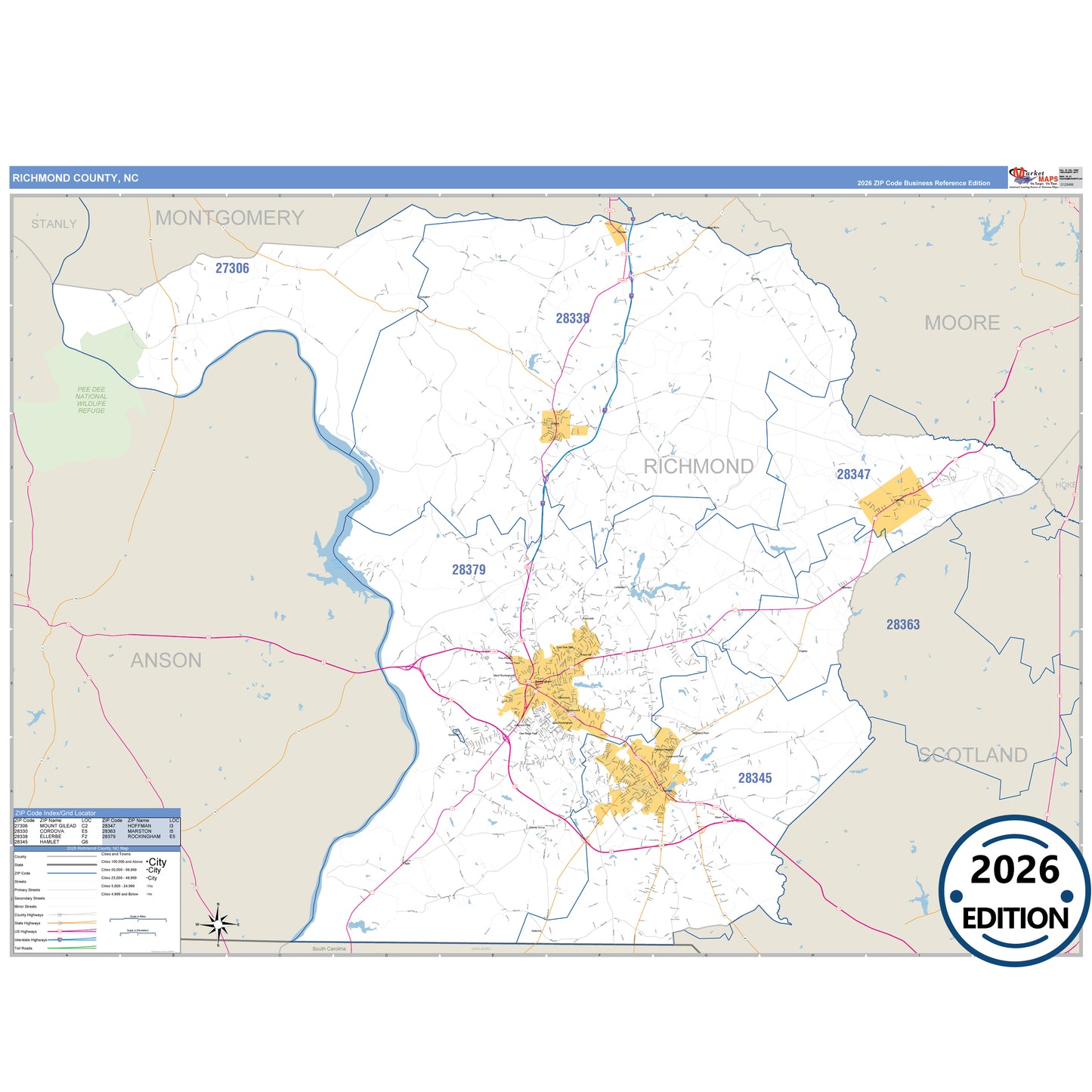 Richmond County, NC Business Reference 5 Digit ZIP Code Wall Map