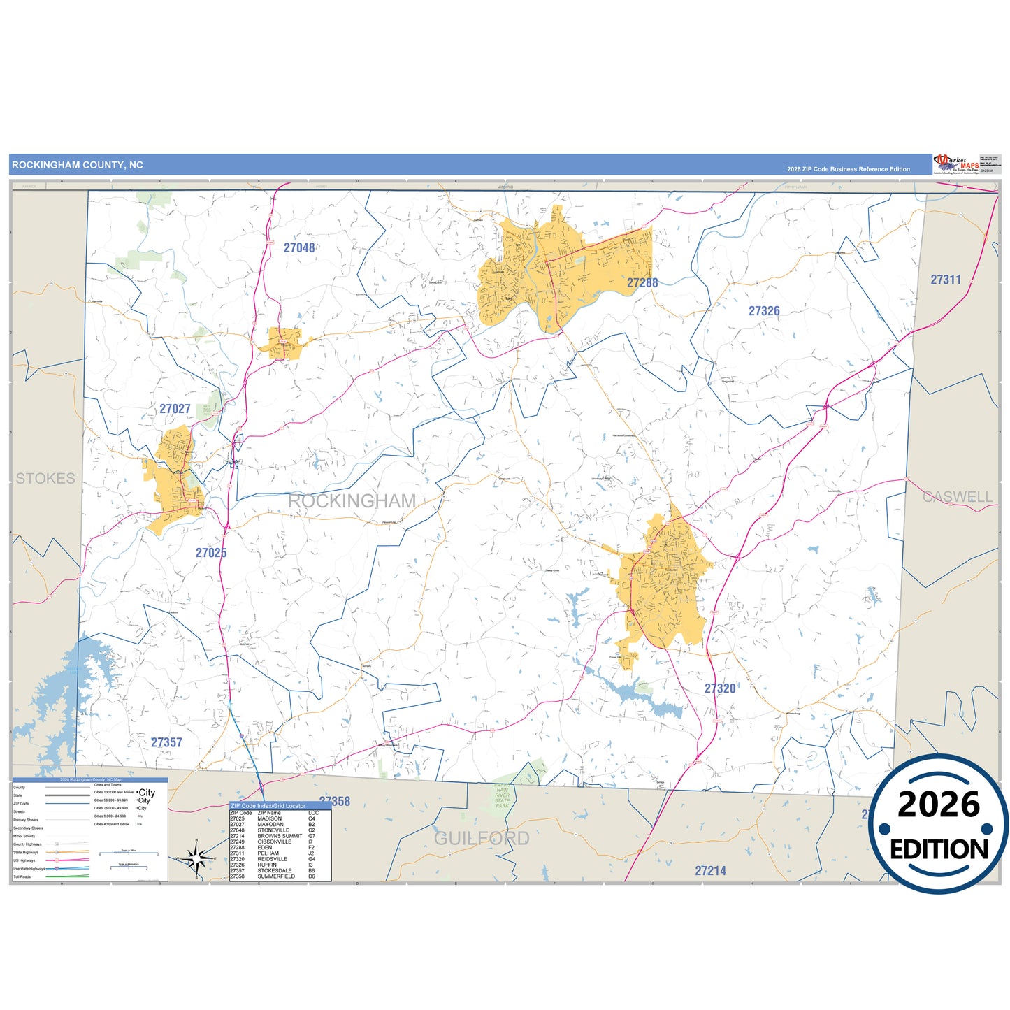 Rockingham County, NC Business Reference 5 Digit ZIP Code Wall Map