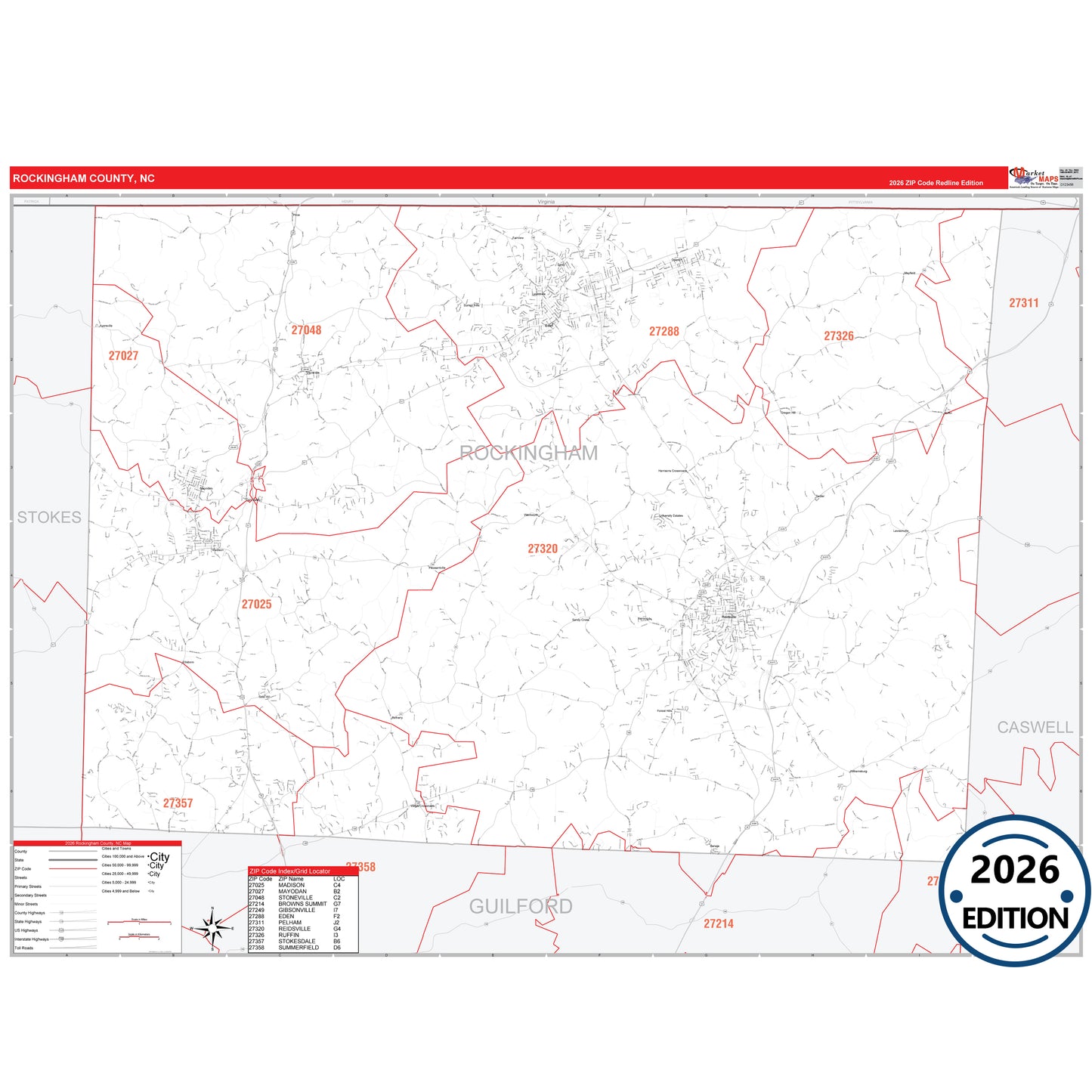 Rockingham County, NC Red Line 5 Digit ZIP Code Wall Map