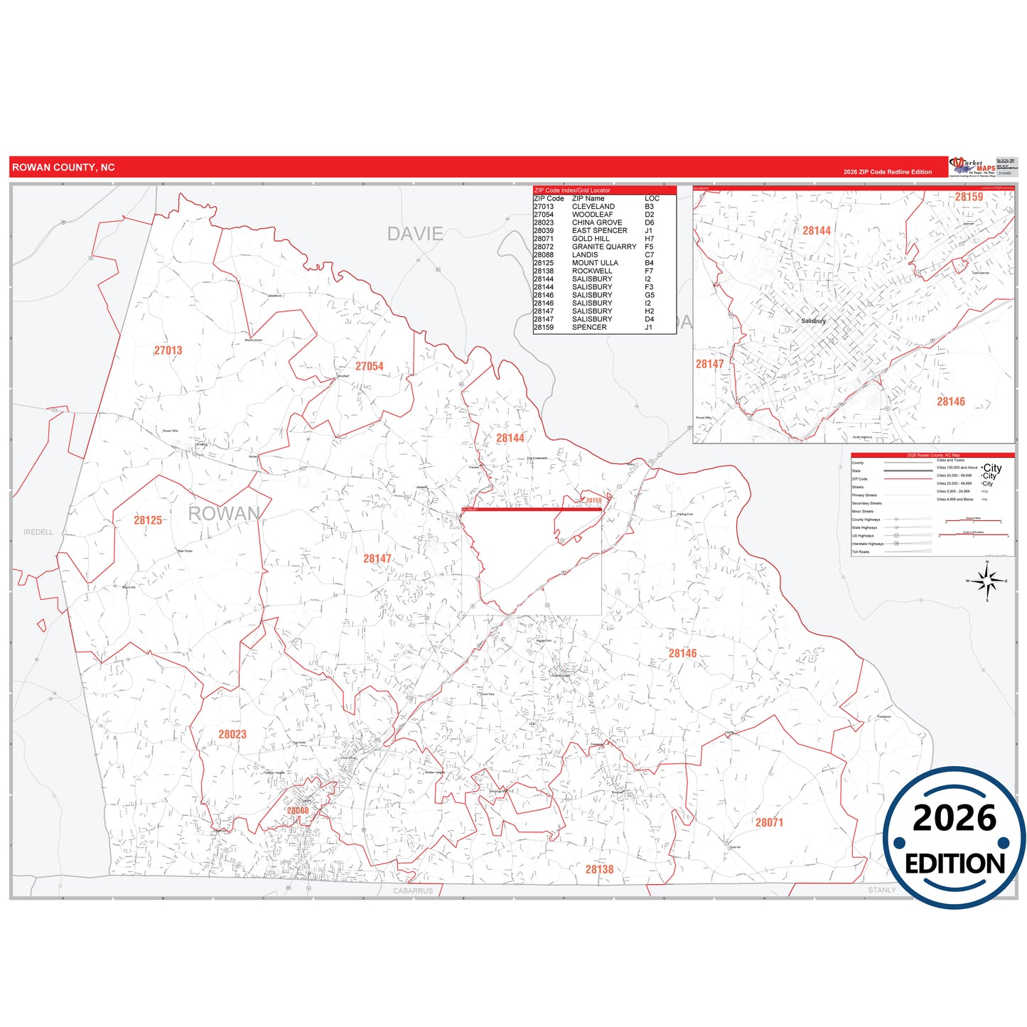 Rowan County, NC Red Line 5 Digit ZIP Code Wall Map