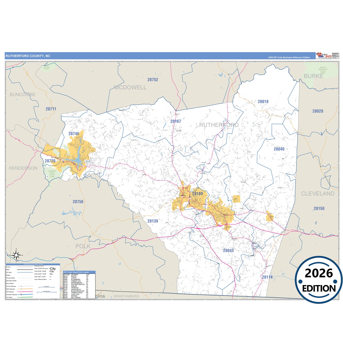 Rutherford County, NC Business Reference 5 Digit ZIP Code Wall Map