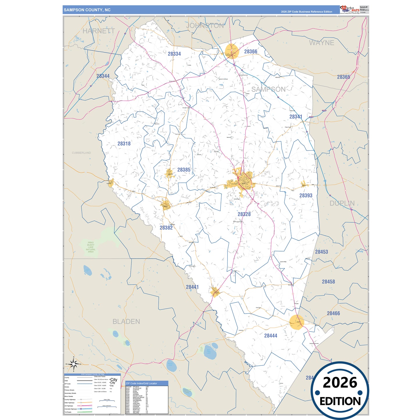 Sampson County, NC Business Reference 5 Digit ZIP Code Wall Map