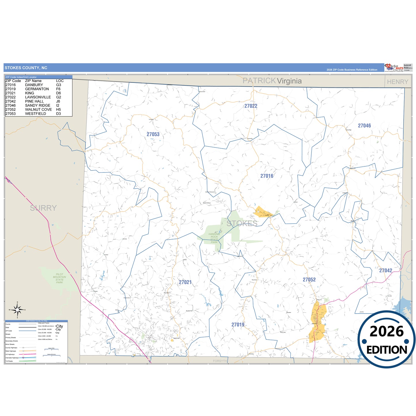 Stokes County, NC Business Reference 5 Digit ZIP Code Wall Map