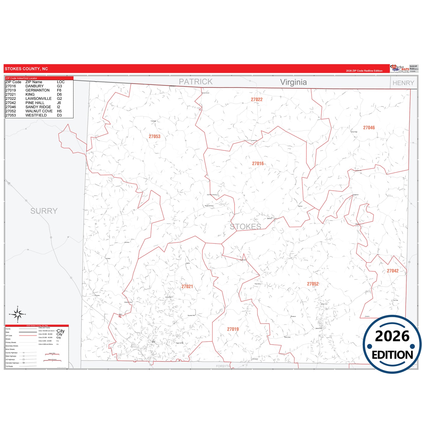 Stokes County, NC Red Line 5 Digit ZIP Code Wall Map