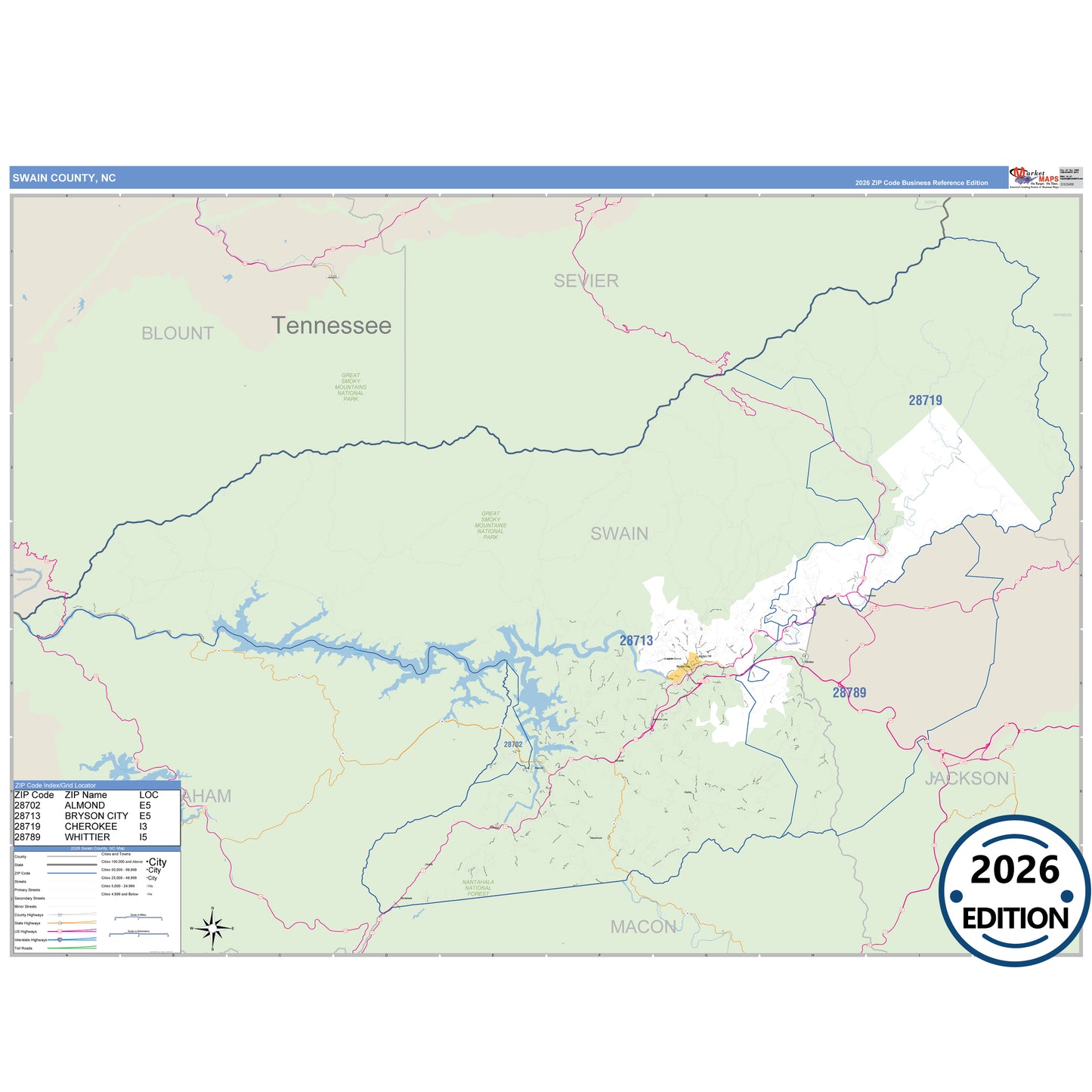 Swain County, NC Business Reference 5 Digit ZIP Code Wall Map