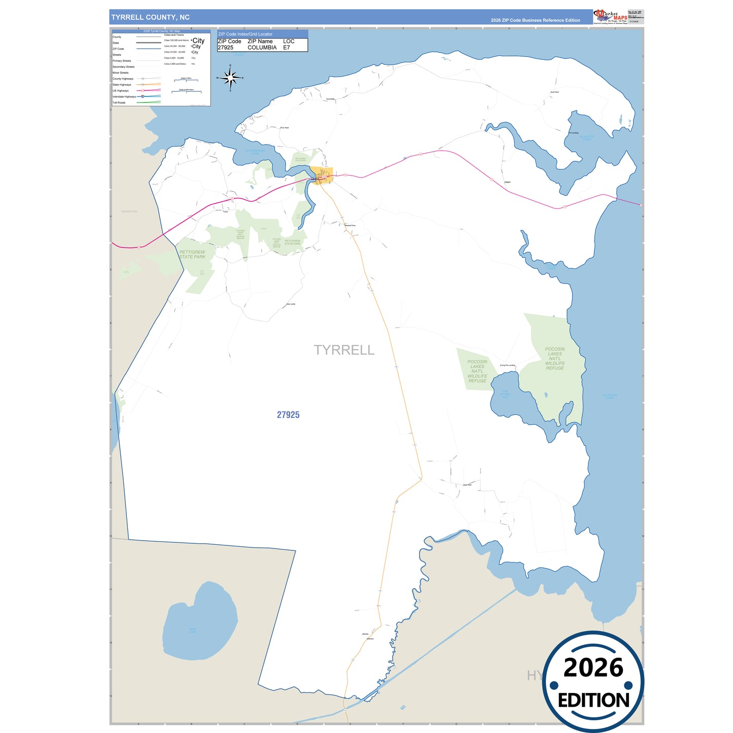 Tyrrell County, NC Business Reference 5 Digit ZIP Code Wall Map