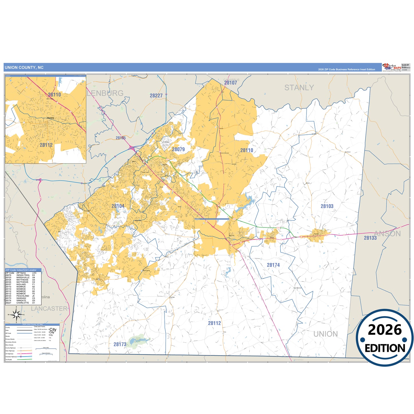 Union County, NC Business Reference 5 Digit ZIP Code Wall Map
