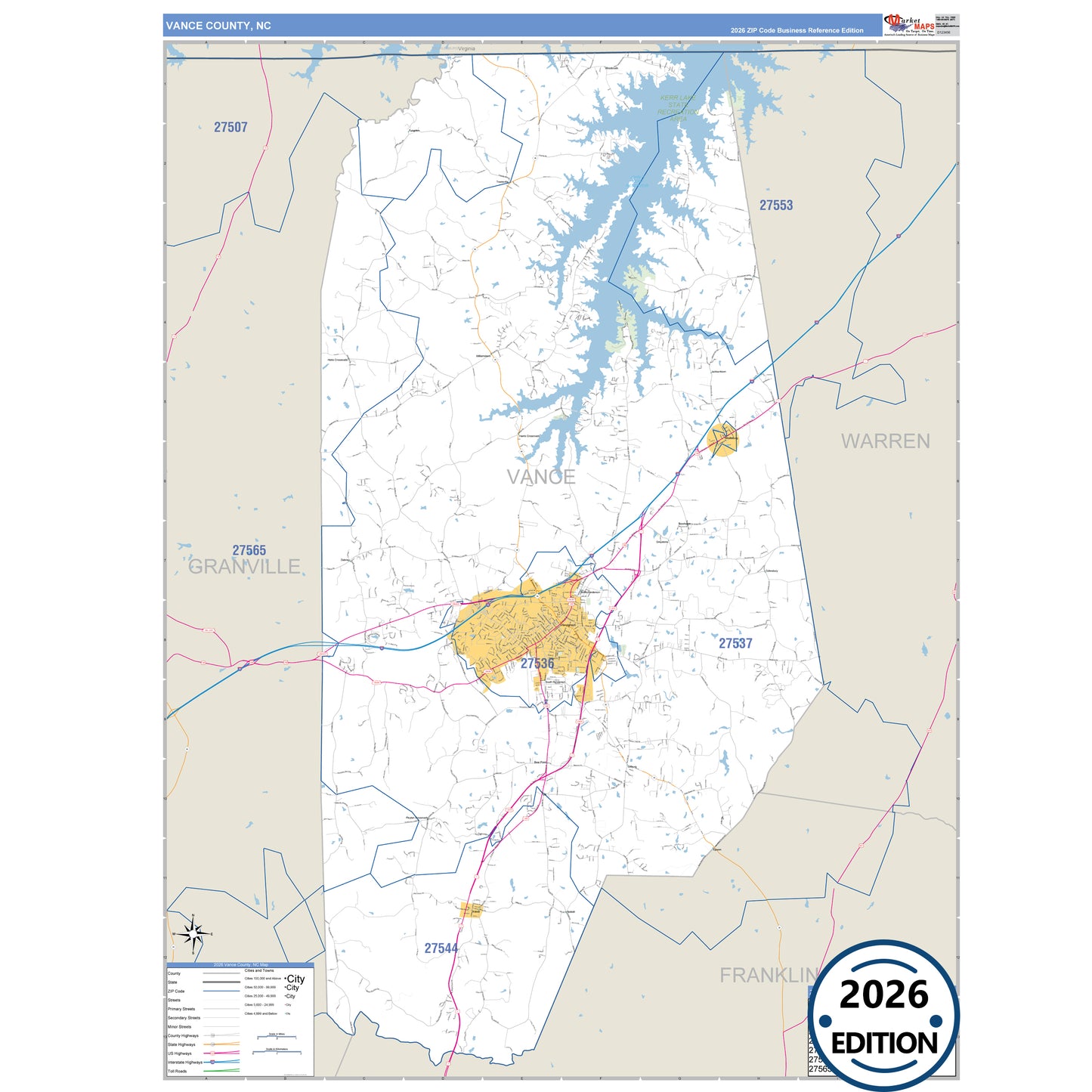 Vance County, NC Business Reference 5 Digit ZIP Code Wall Map