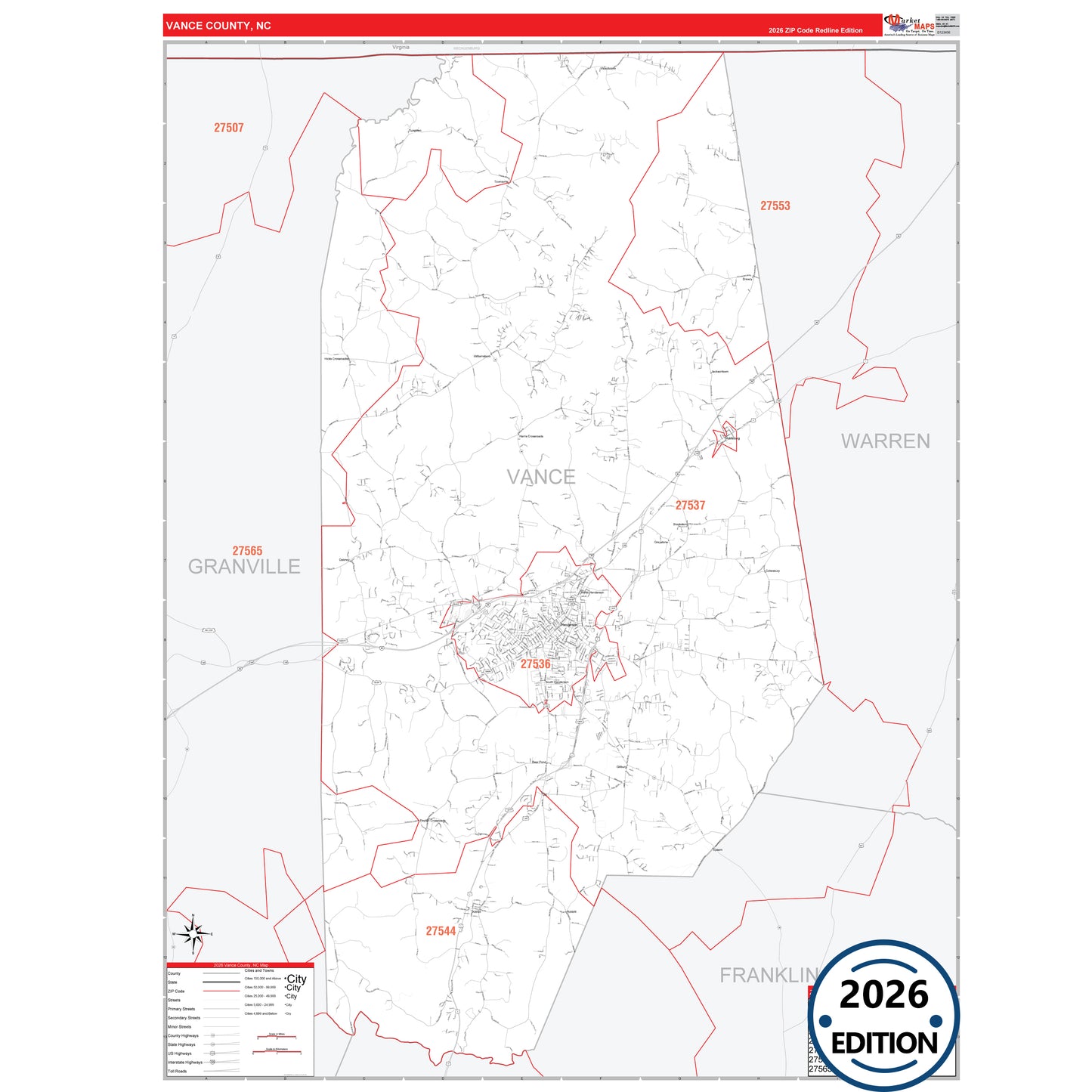 Vance County, NC Red Line 5 Digit ZIP Code Wall Map