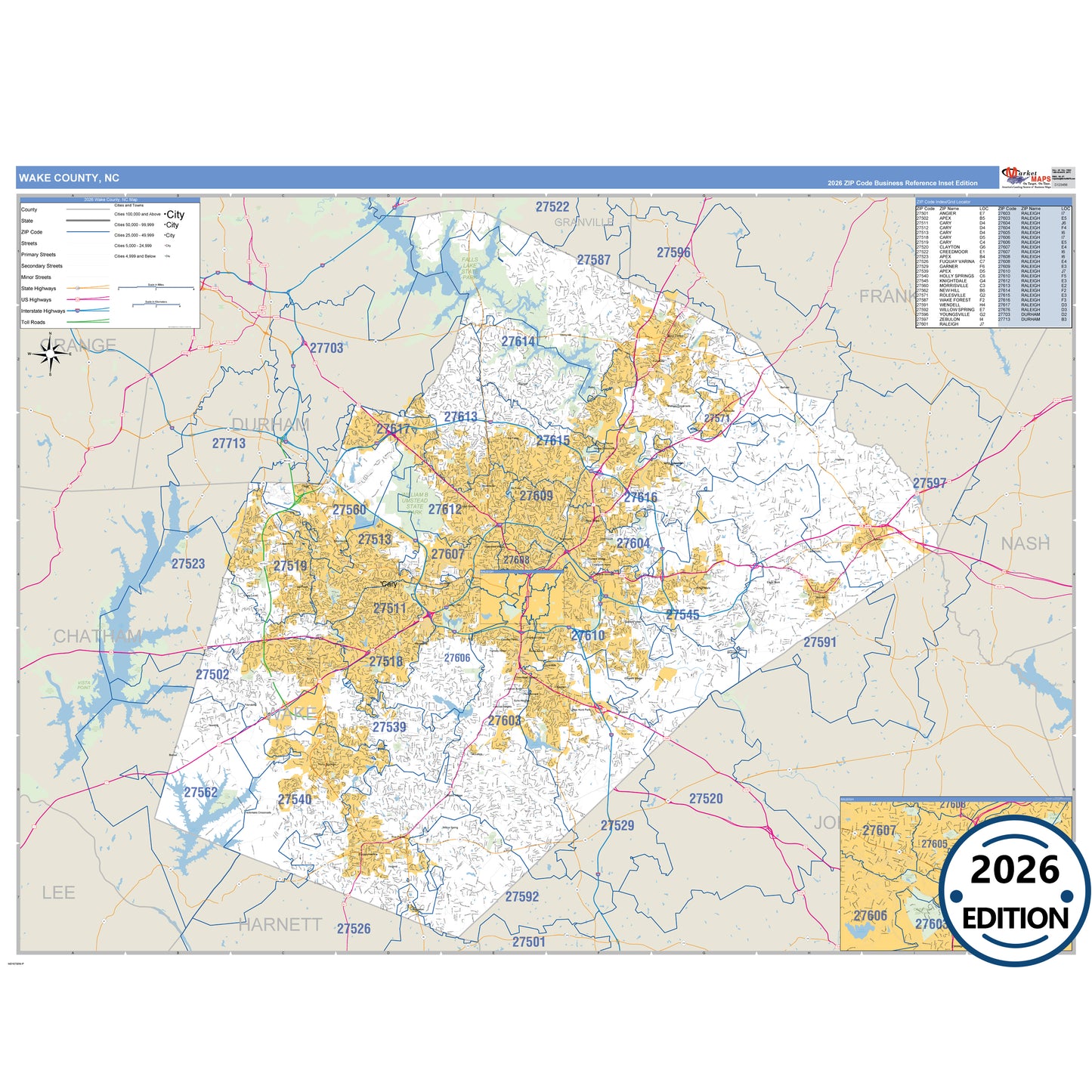 Wake County, NC Business Reference 5 Digit ZIP Code Wall Map