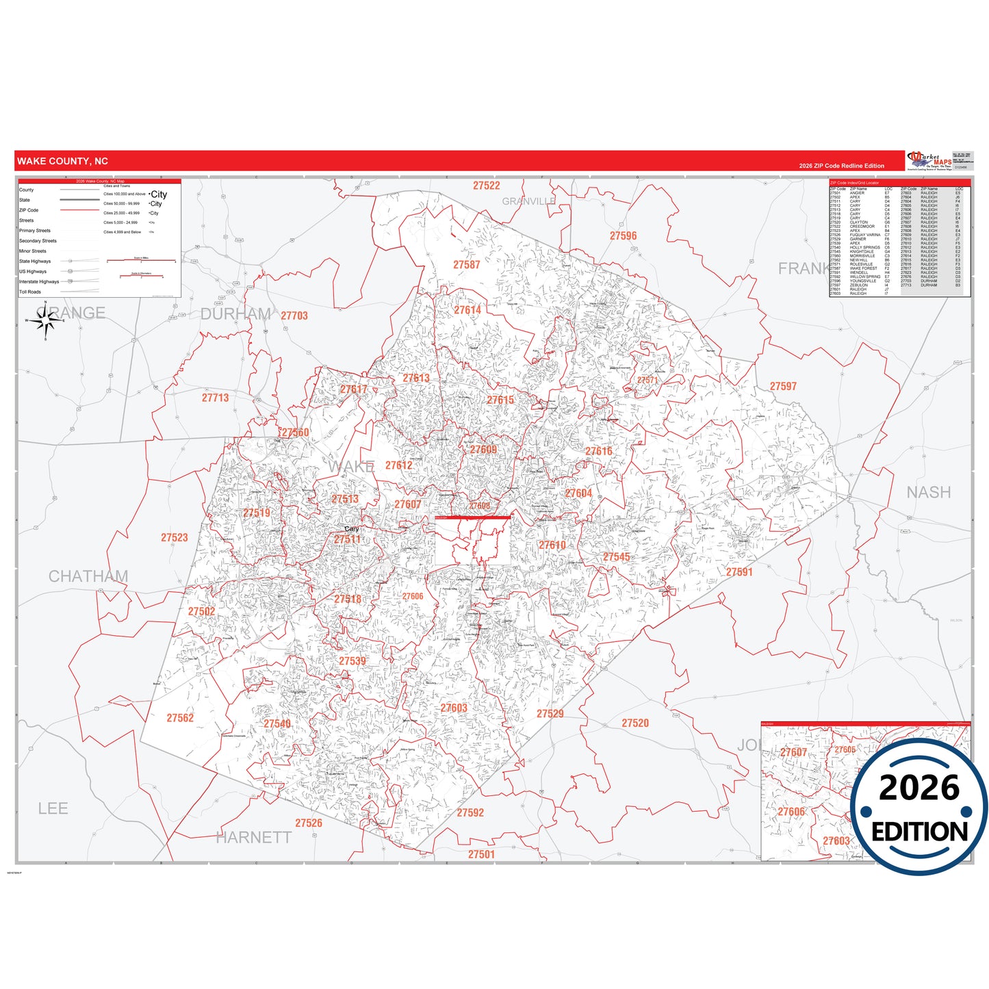 Wake County, NC Red Line 5 Digit ZIP Code Wall Map