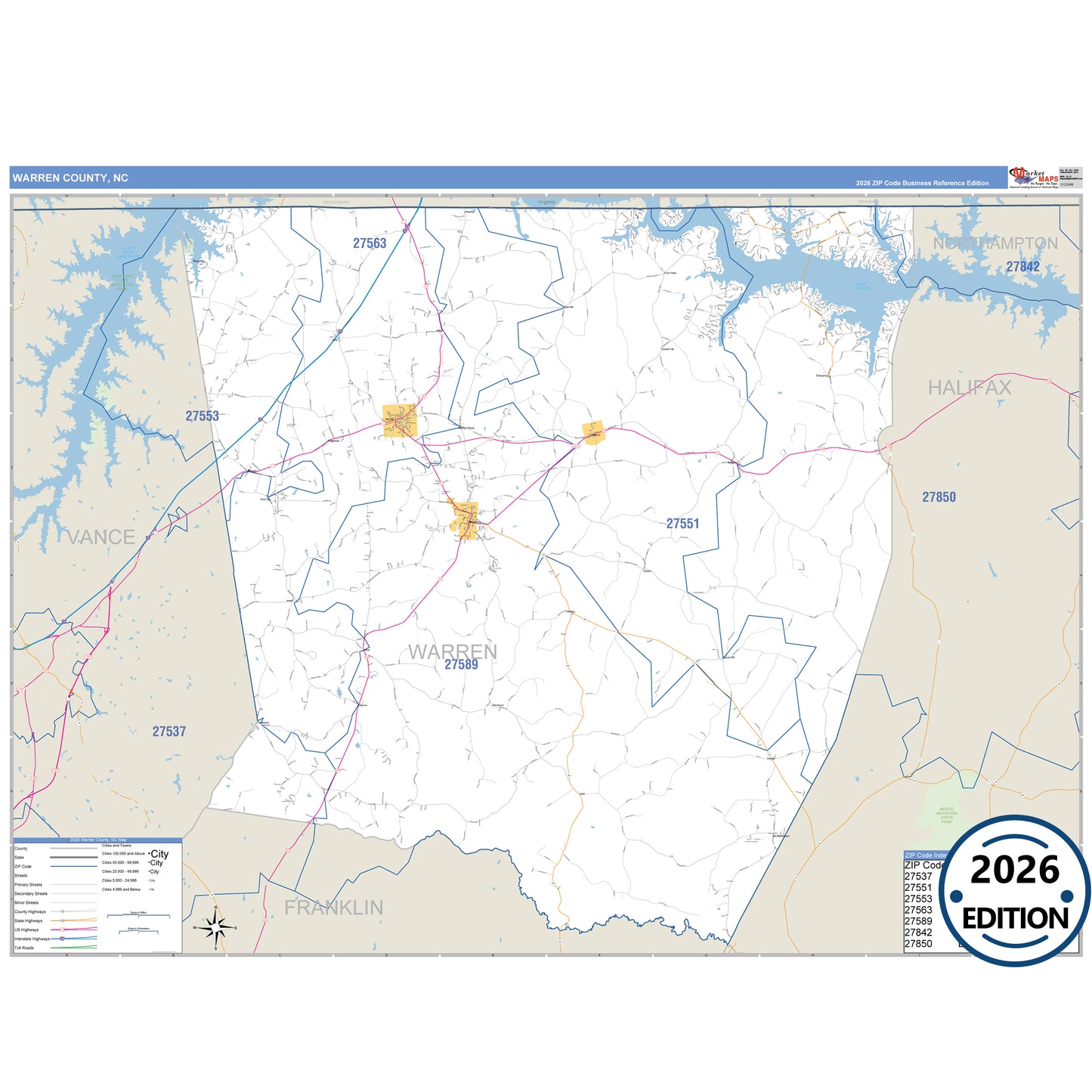 Warren County, NC Business Reference map with detailed roads, cities, and ZIP code boundaries.