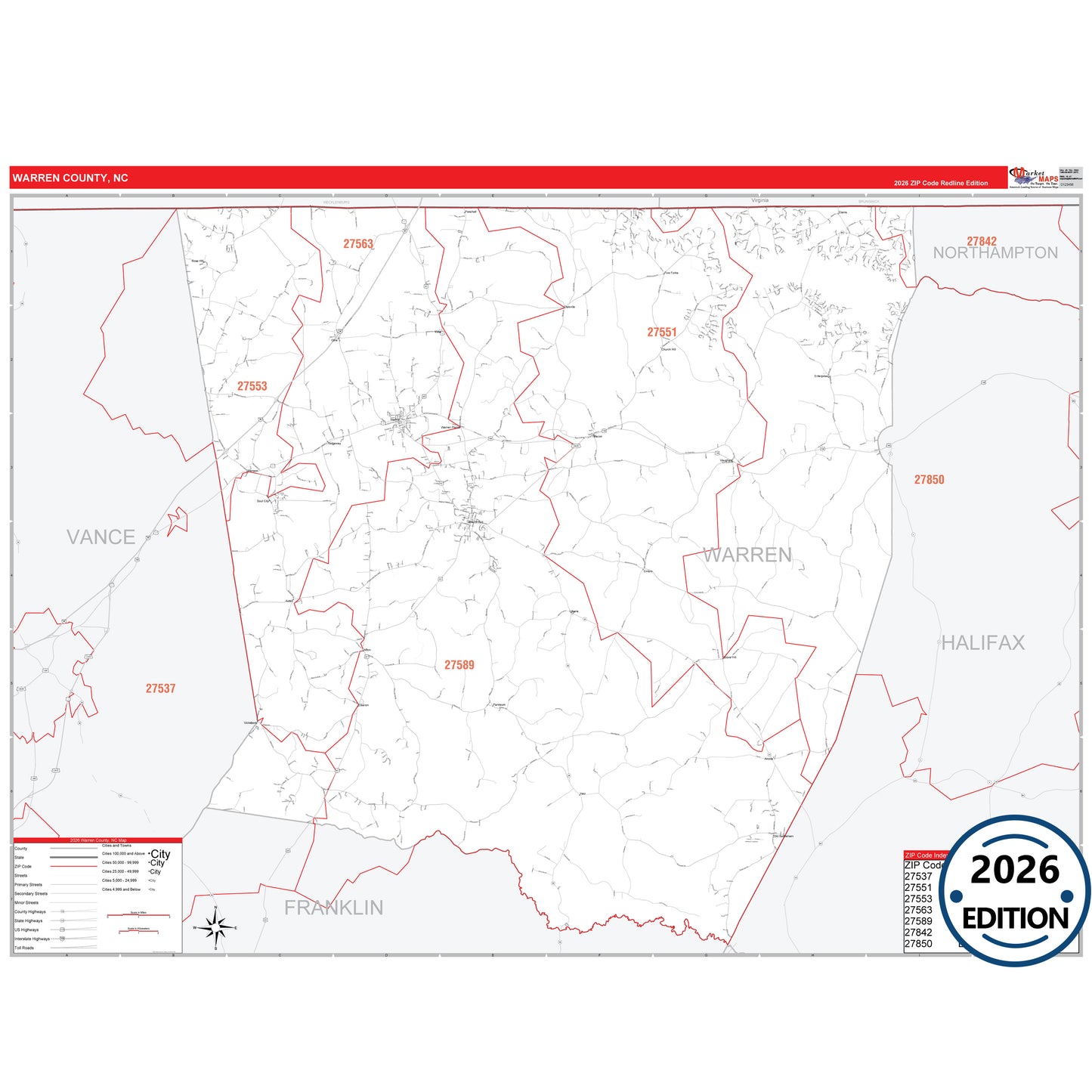 Warren County, NC Red Line 5 Digit ZIP Code Wall Map