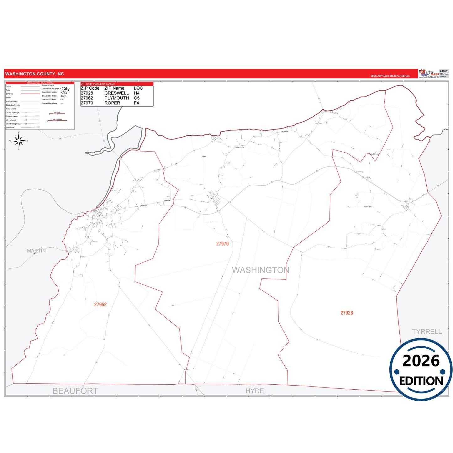 Washington County, NC Red Line 5 Digit ZIP Code Wall Map