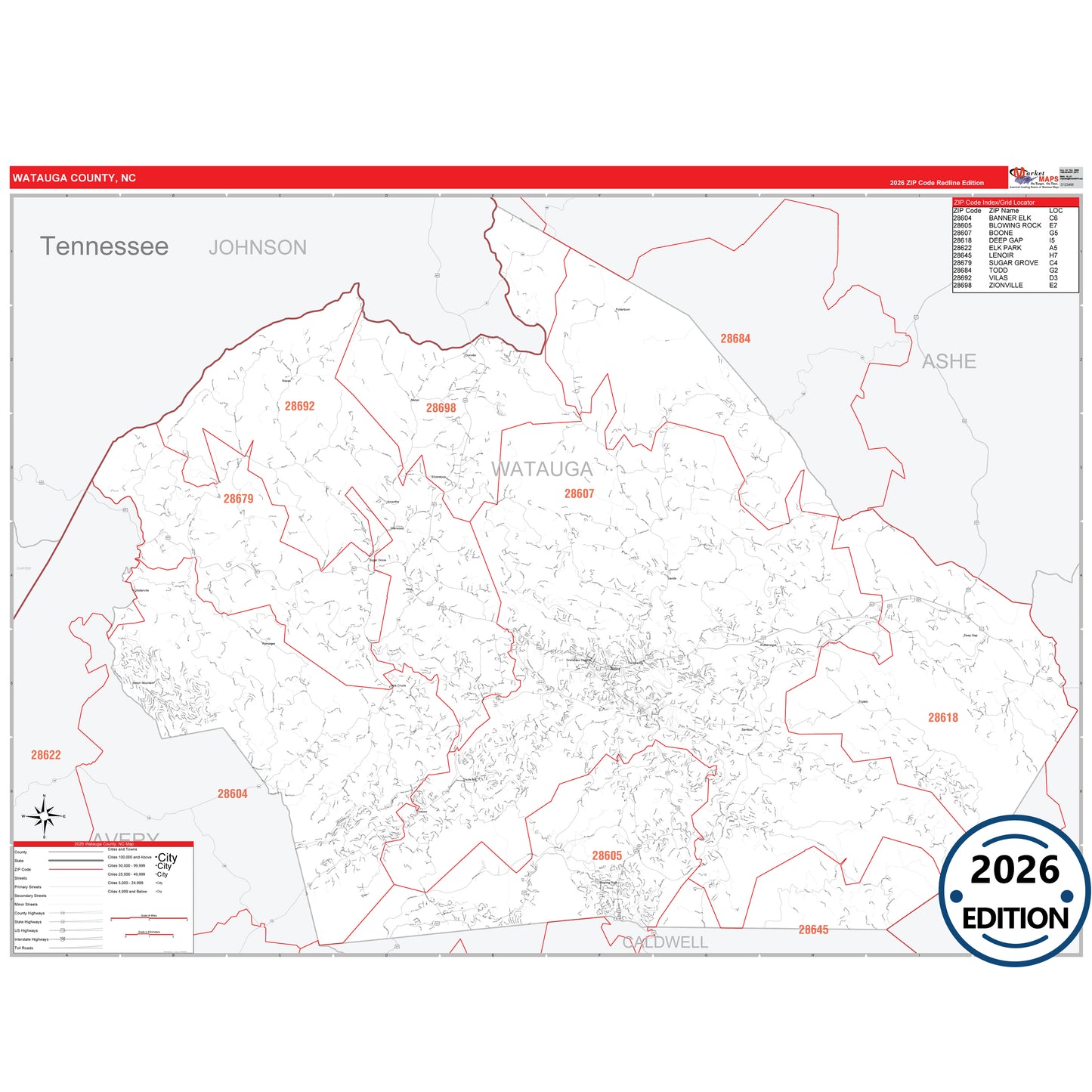 Watauga County, NC Red Line 5 Digit ZIP Code Wall Map