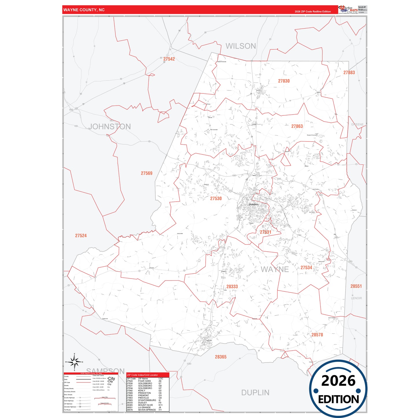 Wayne County, NC Red Line 5 Digit ZIP Code Wall Map